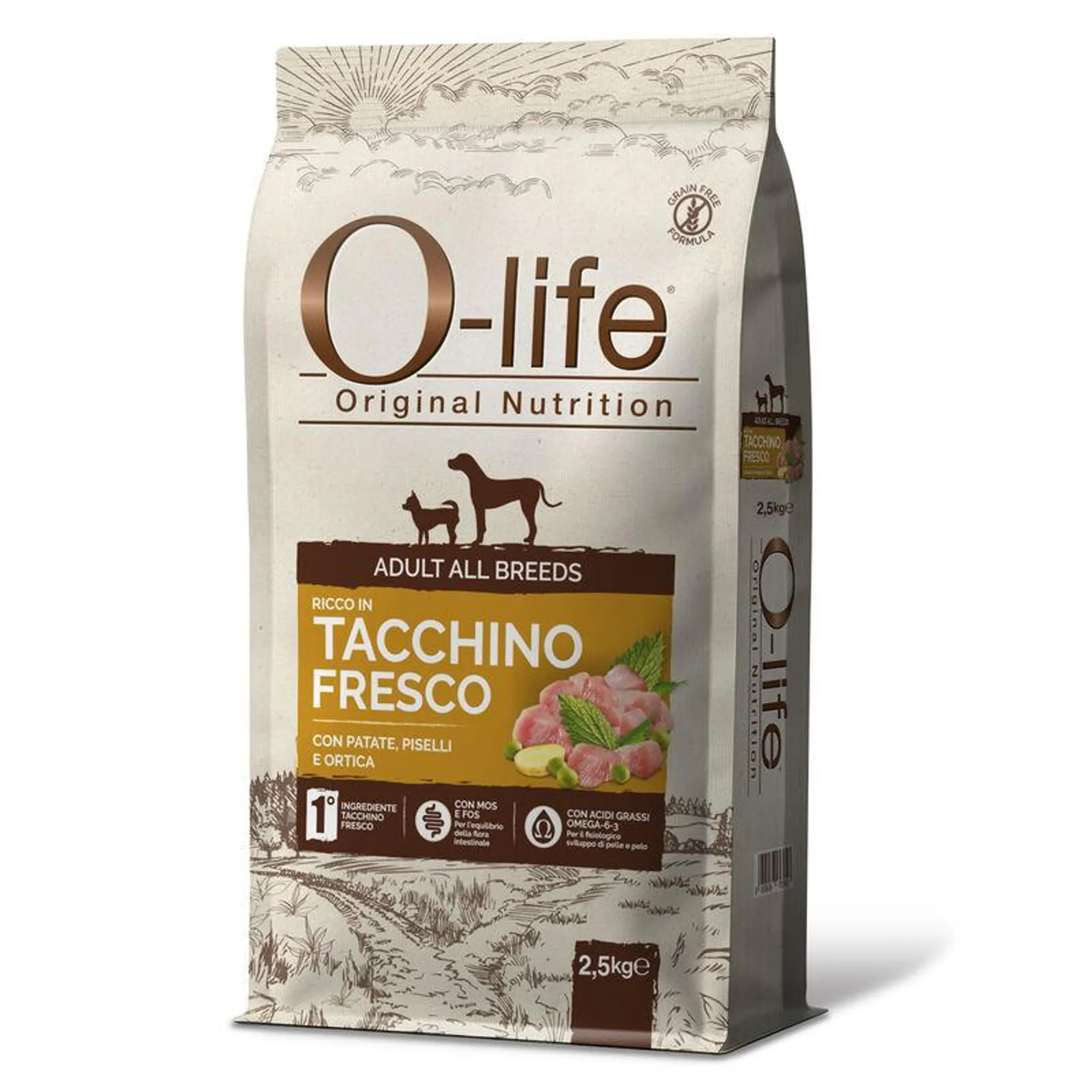 O-life Dog Adult All breeds ricco in Tacchino fresco con patate, piselli e ortica 2,5kg