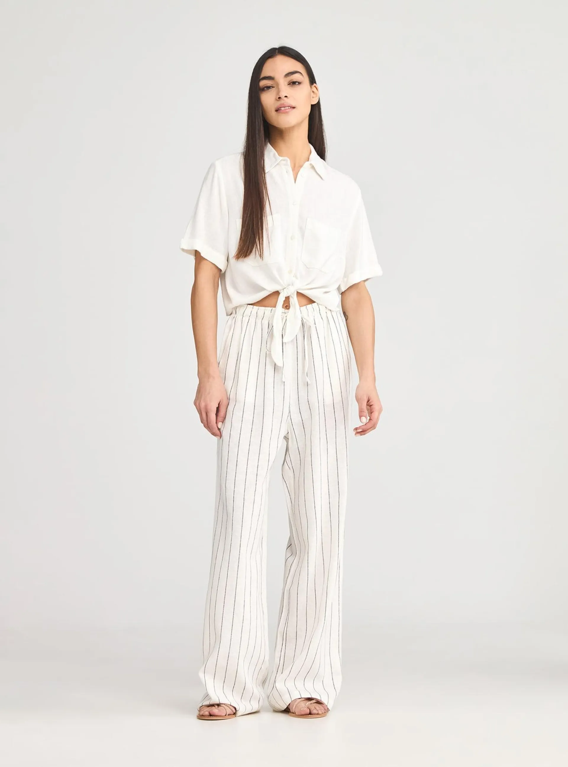 Pantalone wide leg in misto lino a righe Var bianco lana