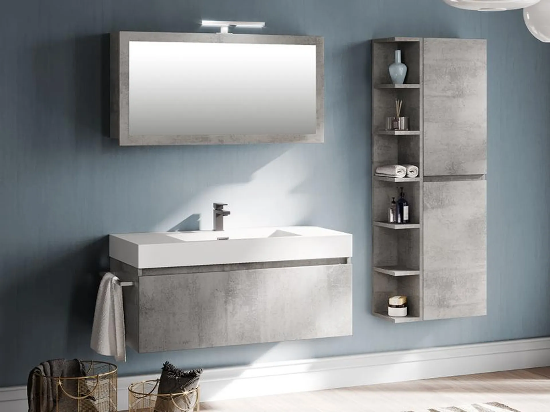 Mobile Bagno Qubo 100 cm 1 Cassetto Grigio Ossido con Lavabo Unitop in Resina Bianco Lucido