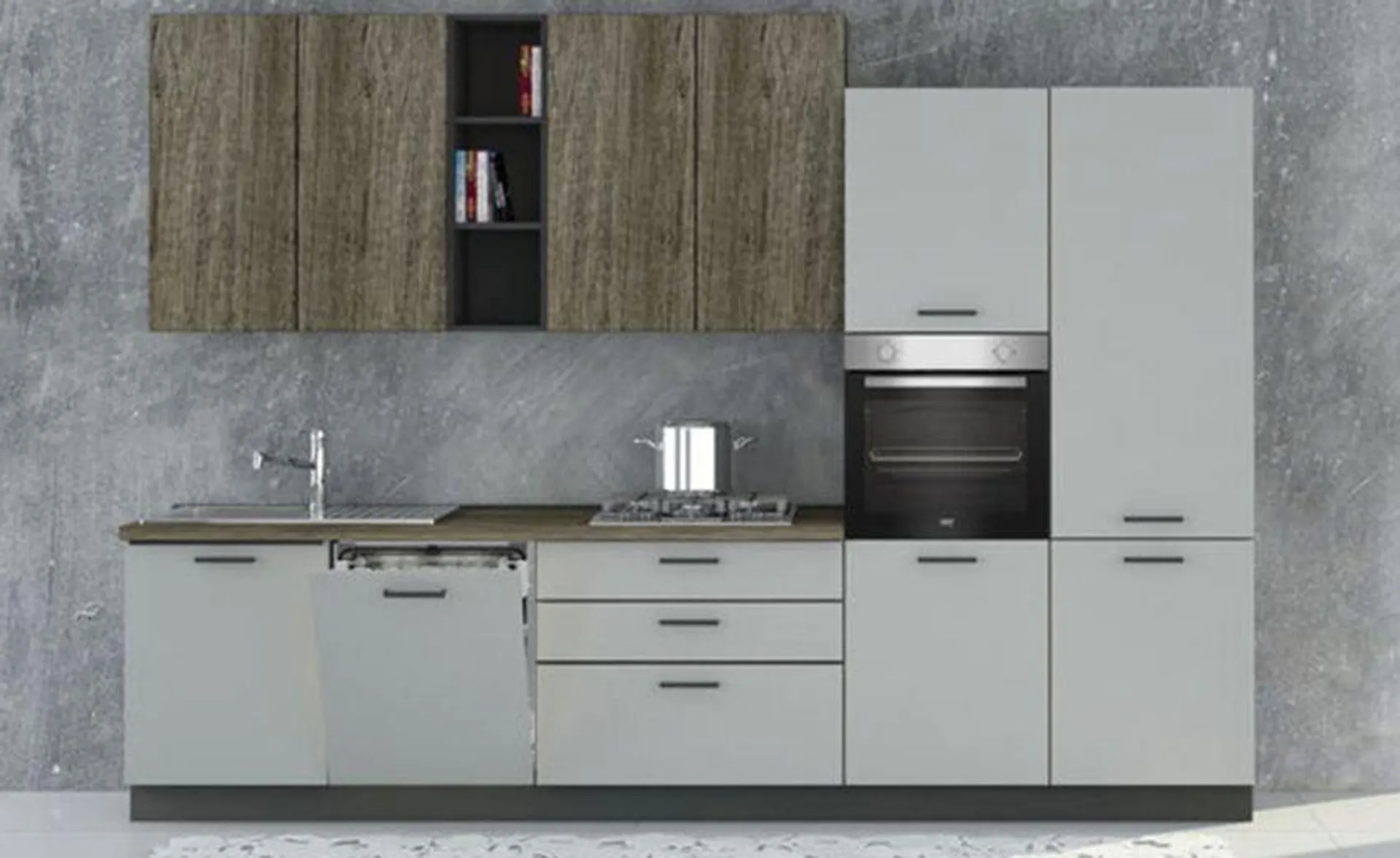 Ego cucina 330 cm colore antracite, grigio sabbia e quercia tartufo