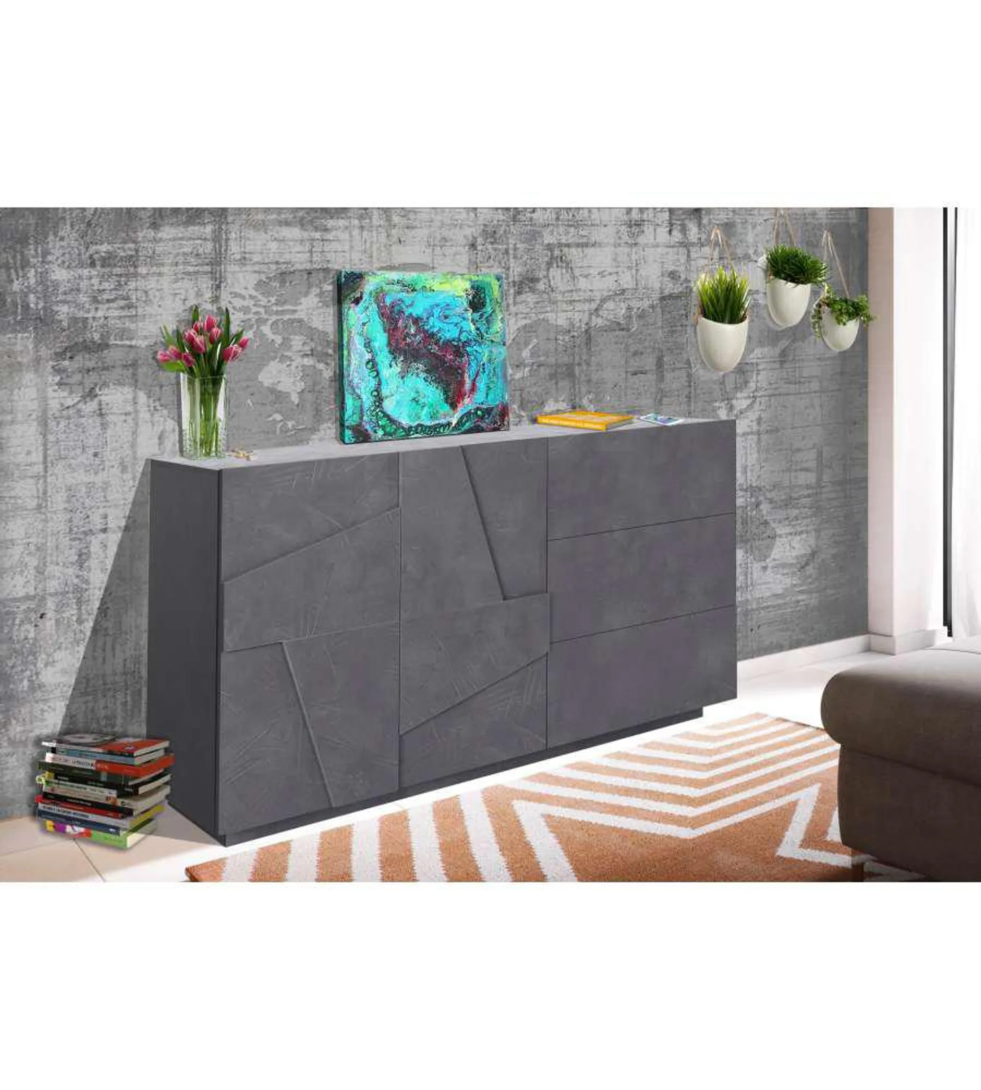 Credenza Ping Moderna 2 Ante Battente 3 Cassetti Ardesia