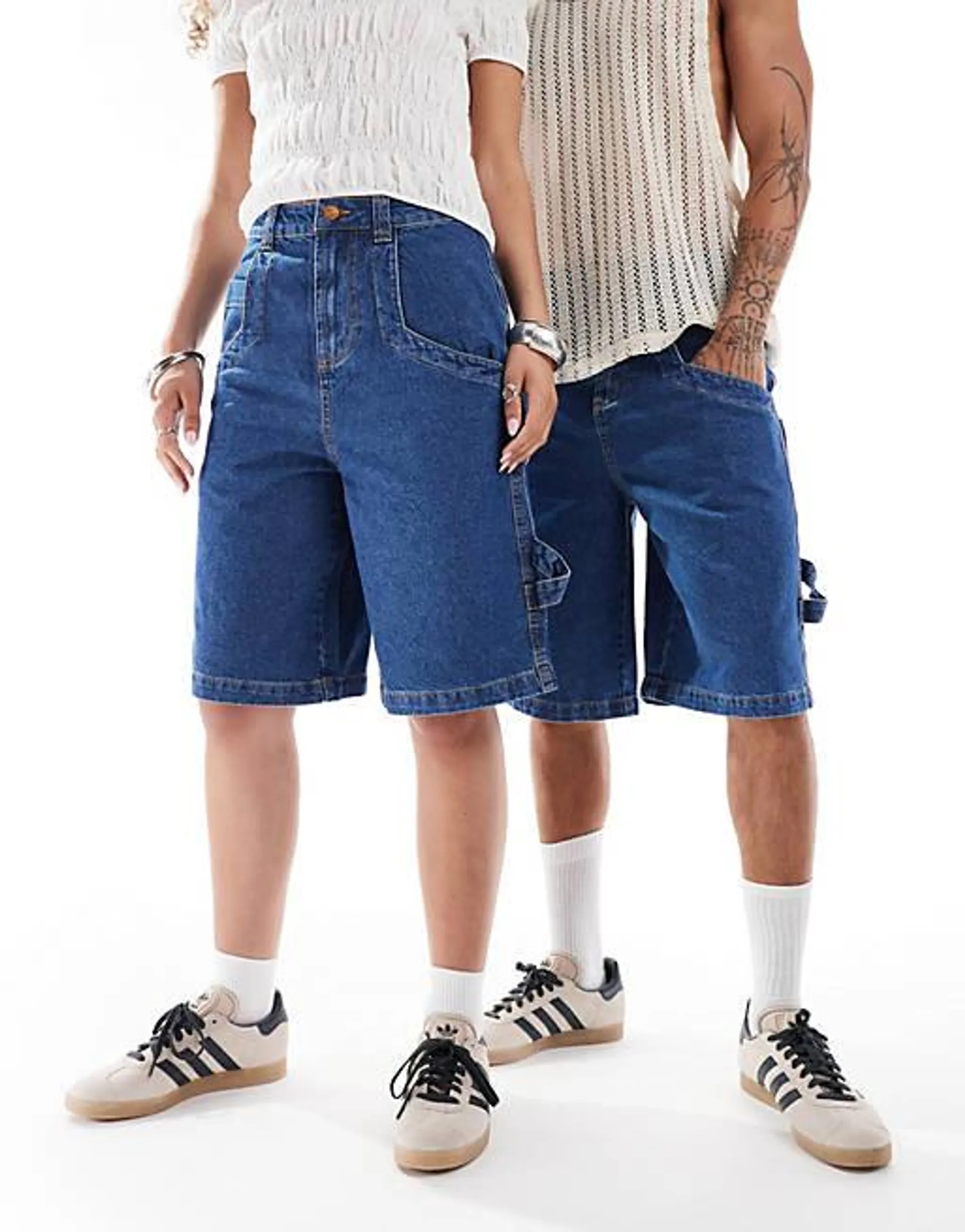 Reclaimed Vintage - Jorts in denim unisex taglio lungo color indaco con dettagli carpenter