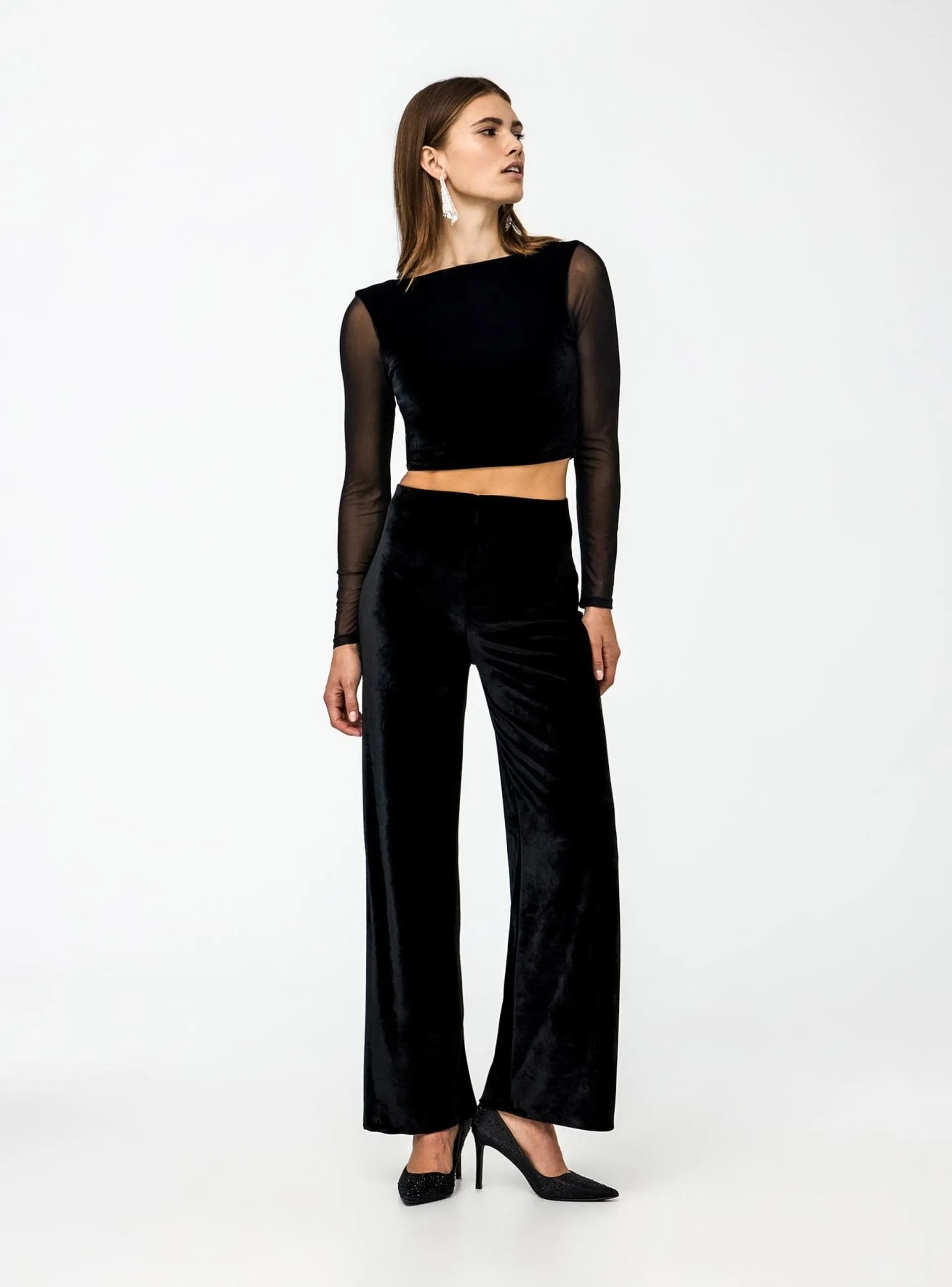 Pantaloni wide leg in velluto Nero