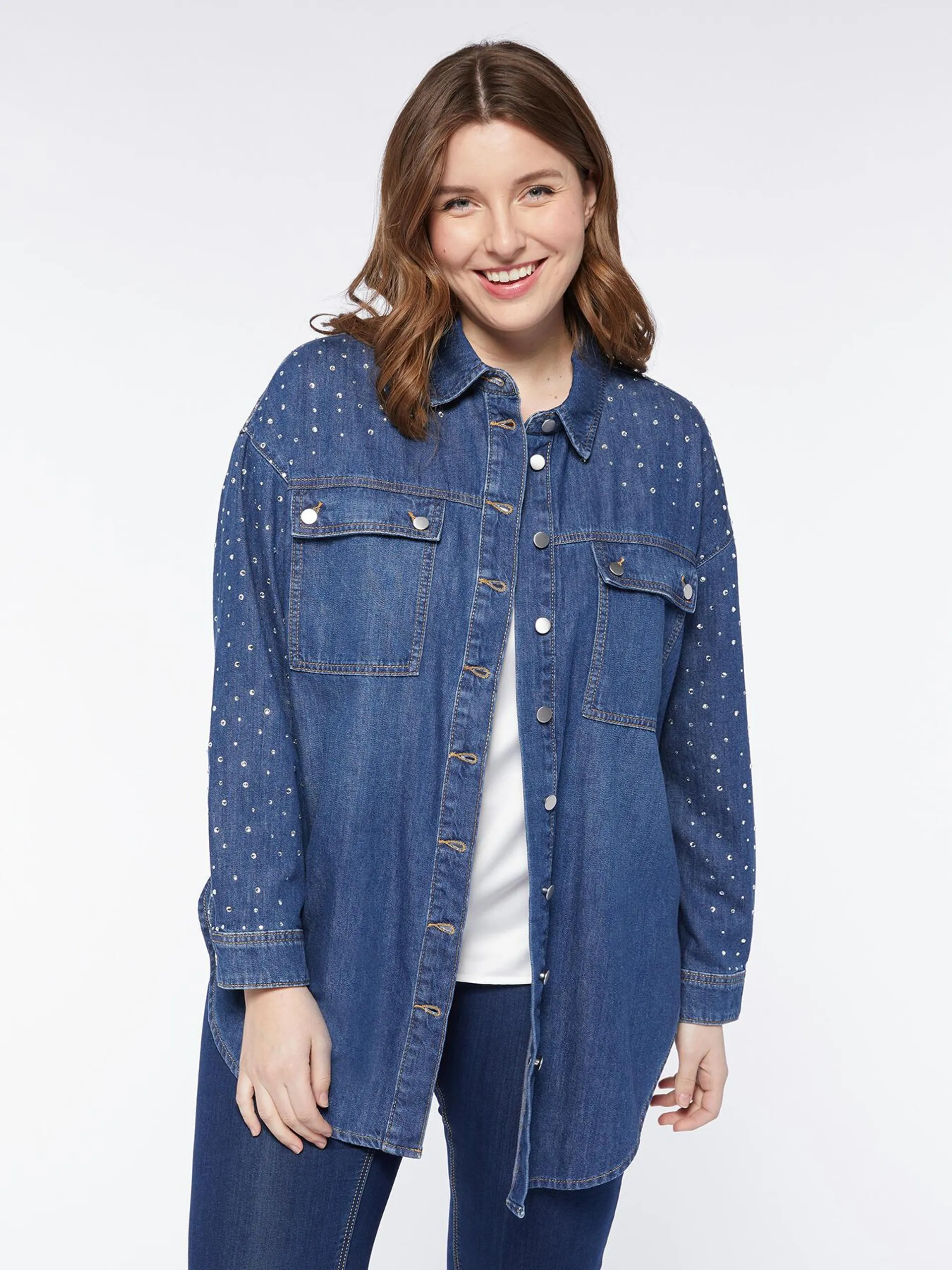 Camicia over in denim con strass