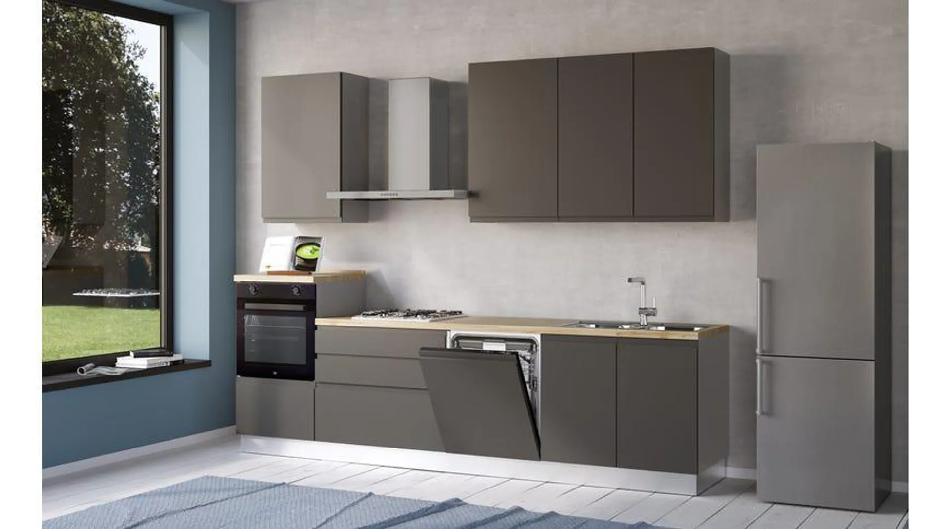 Iris cucina 300 cm colore grigio scuro con lavastoviglie