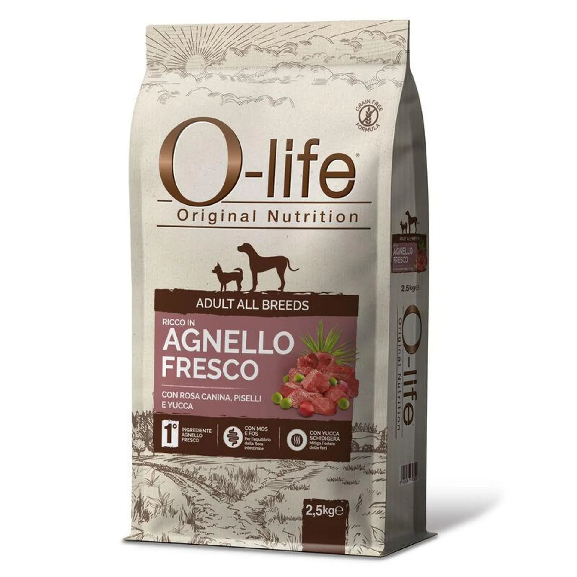 O-life Dog All breeds ricco in Agnello fresco con rosa canina piselli e yucca 2,5kg