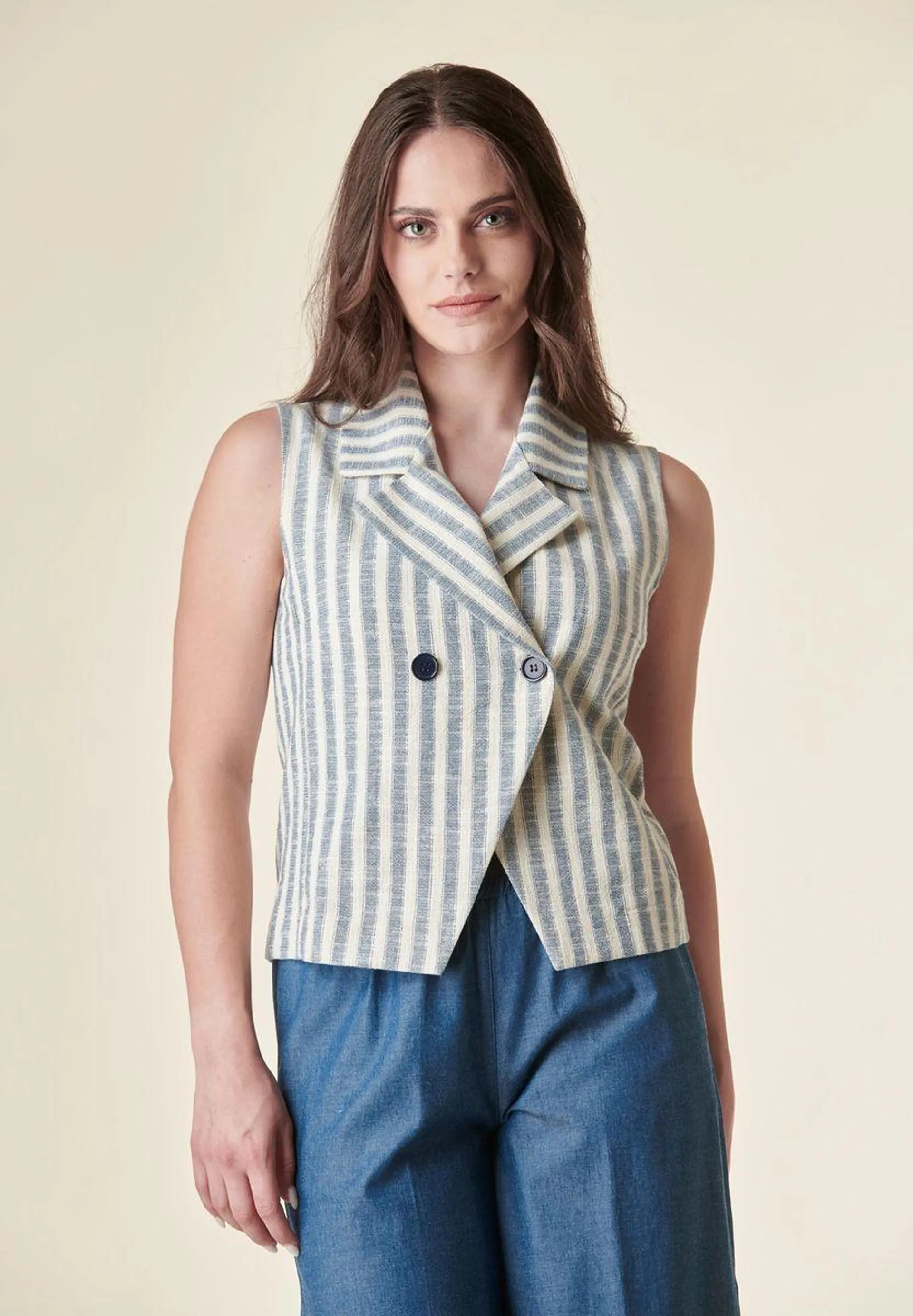 Gilet bianco-blu rigato doppiopetto