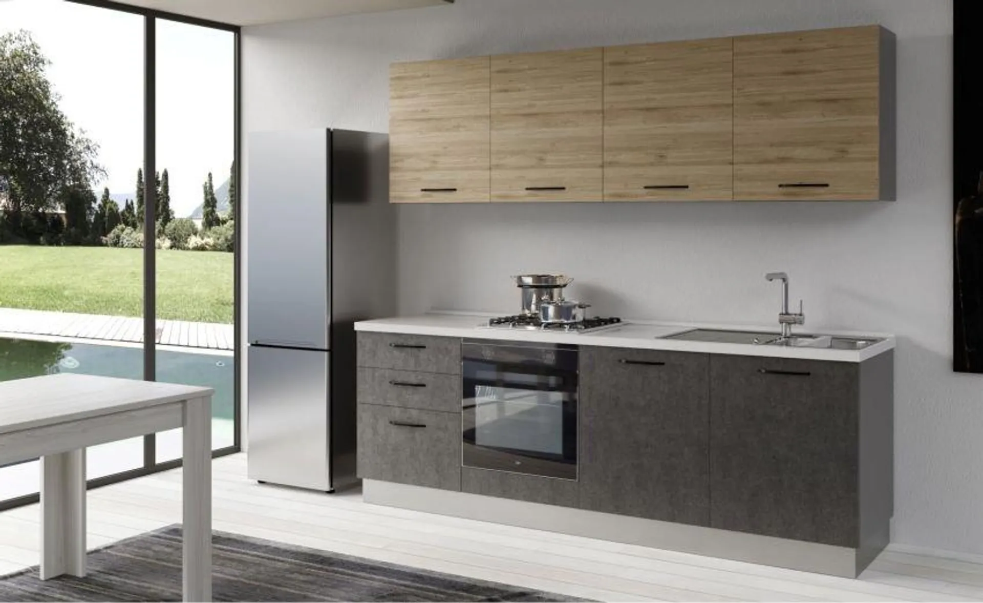 Gilda cucina 240 cm colore cemento scuro e rovere cadiz