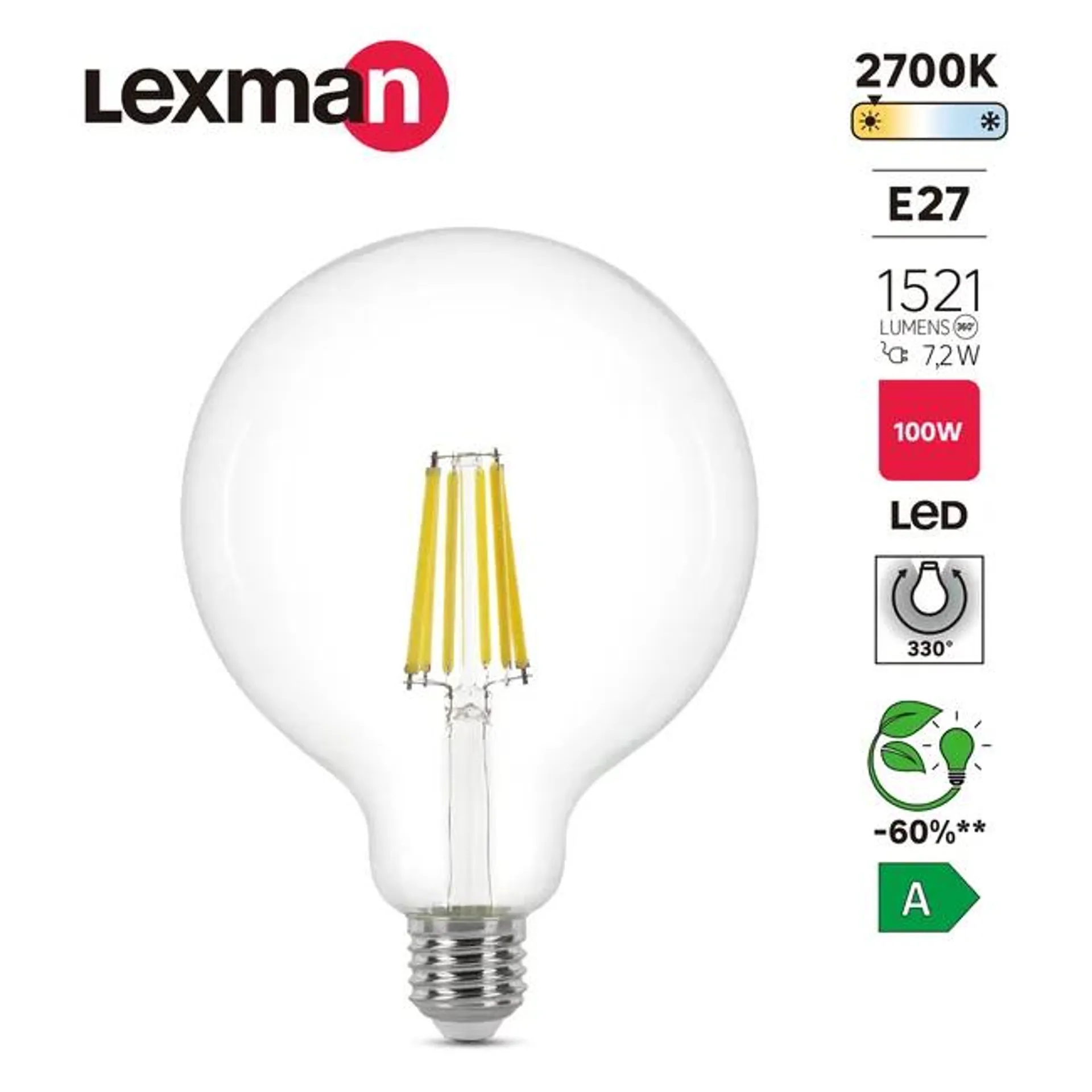 Lampadina LED, E27 globo, trasparente, luce calda, 7.2W= 1521LM (equiv 100 W), 330° , LEXMAN