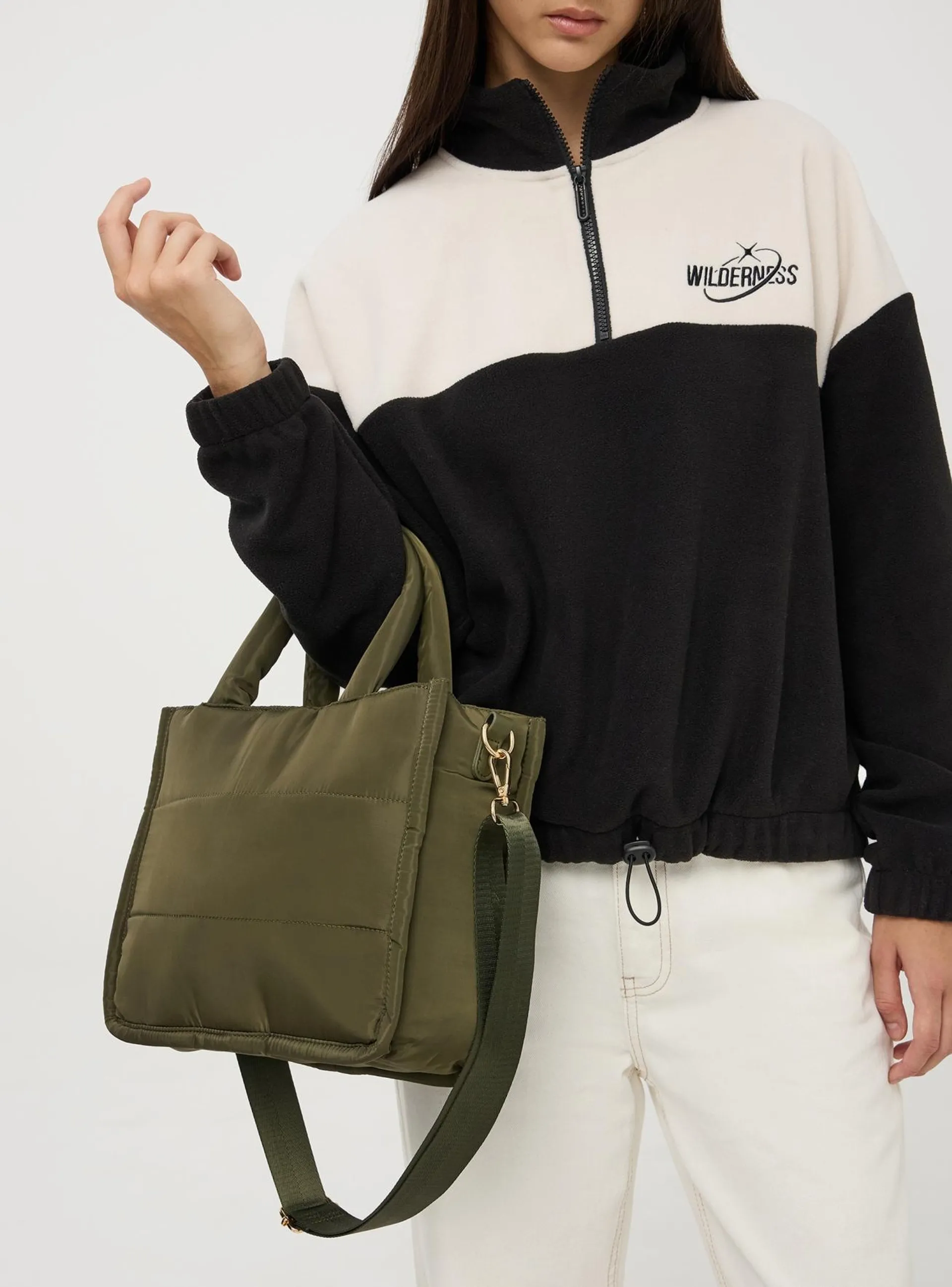 Borsa shopper in nylon Verde militare scuro