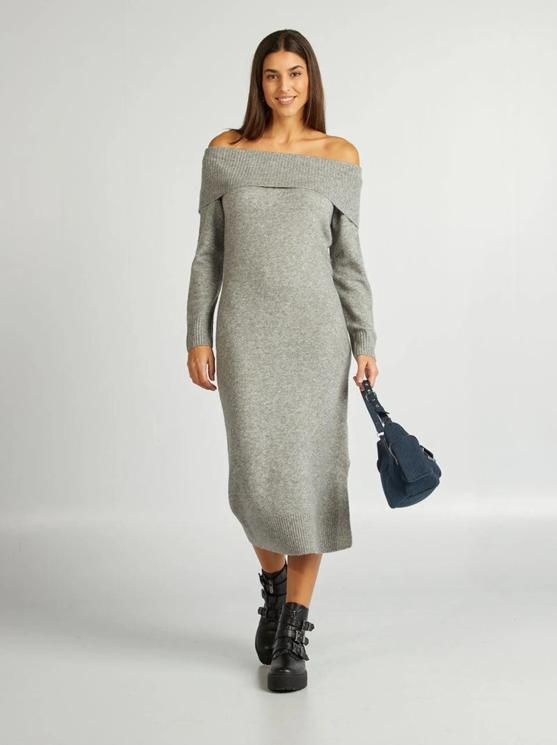 Maxi pull con scollo bardot - GRIGIO