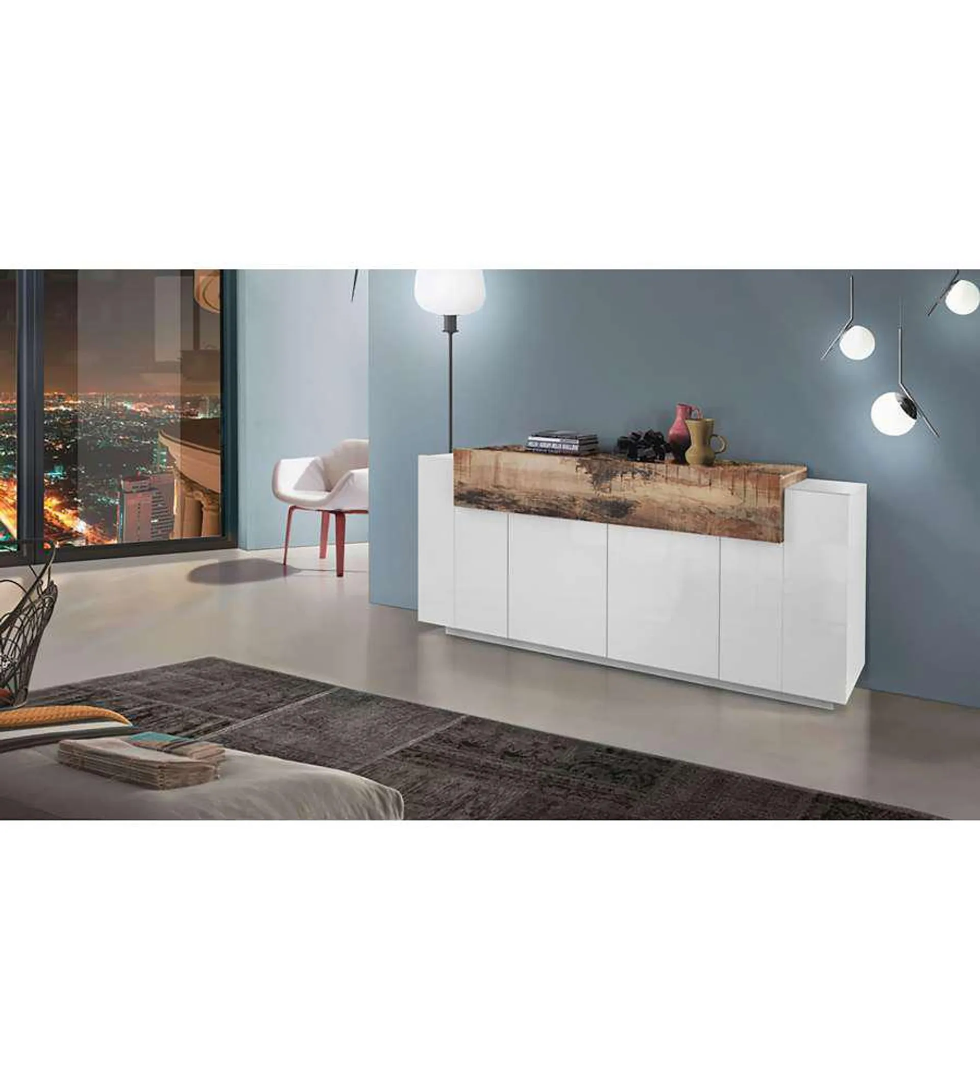 Credenza Corona Moderna 4 Ante Battente 1 Anta Ribalta Bianco Lucido E Acero Pereira