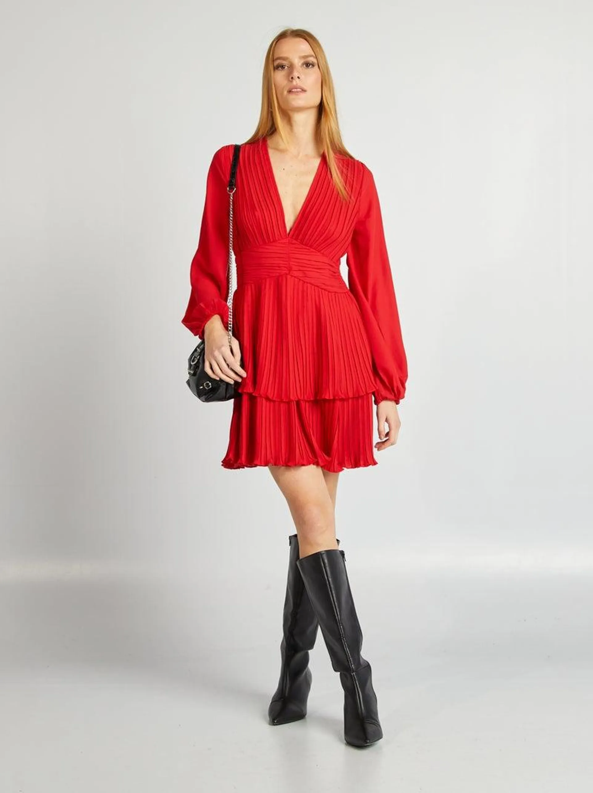 Vestito plissettato con scollo a V - rosso