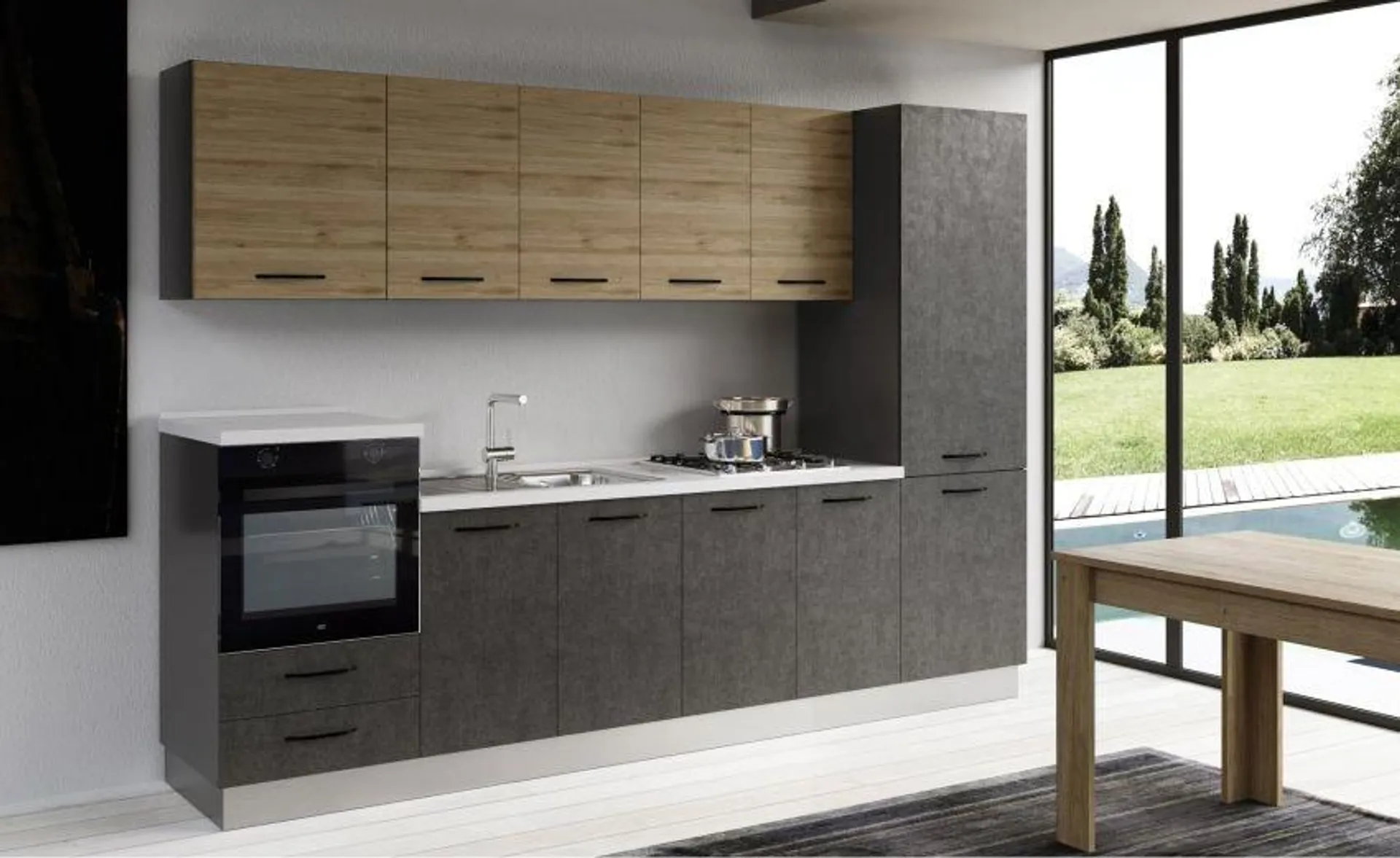 Gilda cucina 300 cm colore cemento scuro e rovere cadiz