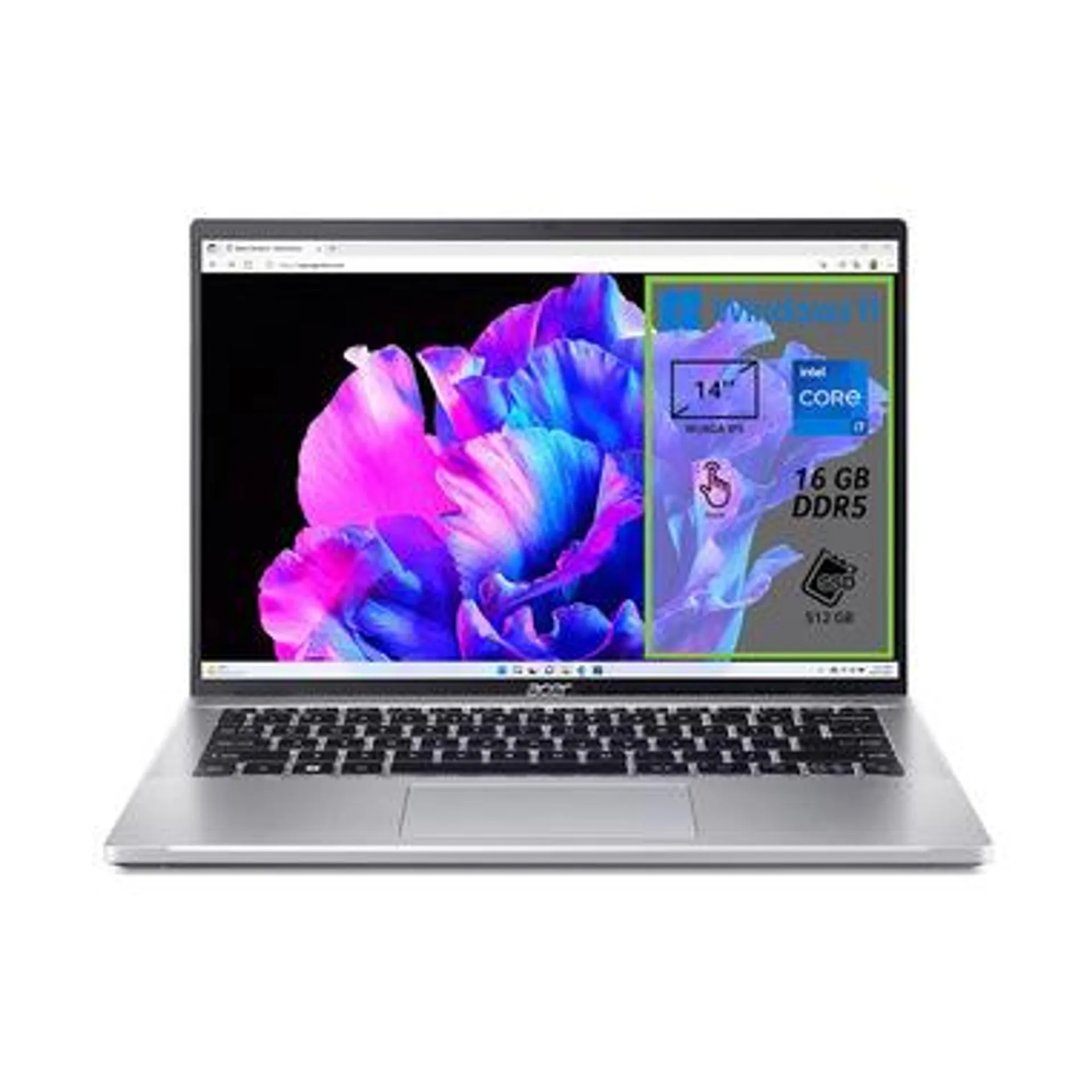 Acer Swift Go 14 SFG14-71T-70HC Computer portatile 35,6 cm (14") Touch screen WUXGA Intel® Core™ i7 i7-13700H 16 GB DDR5-SDRAM 512 GB SSD Wi-Fi 6E (802.11ax) Windows 11 Home Argento