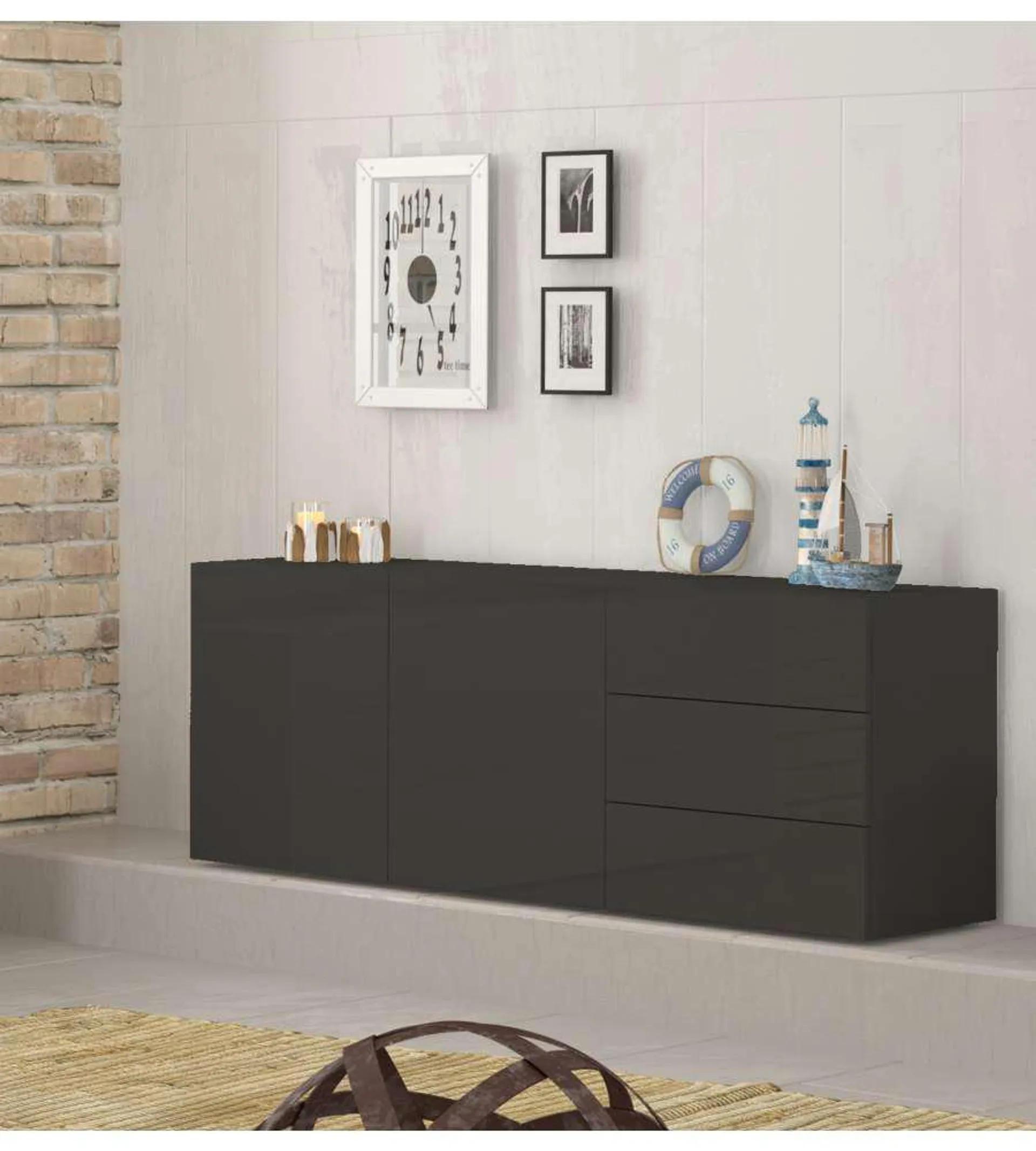 Credenza Moderna 2 Ante + 3 Cassetti Metis Antracite Laccato