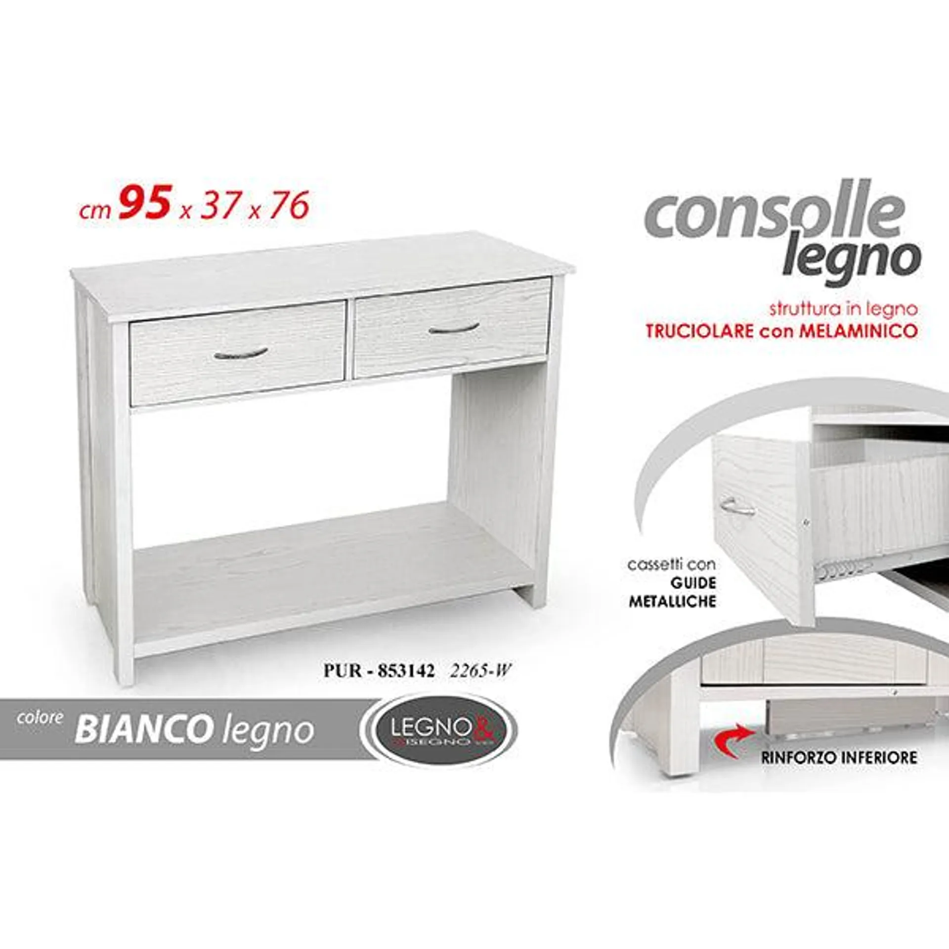 Consolle Bianco/Mel. 95x37x76cm Con 2 Cassetti