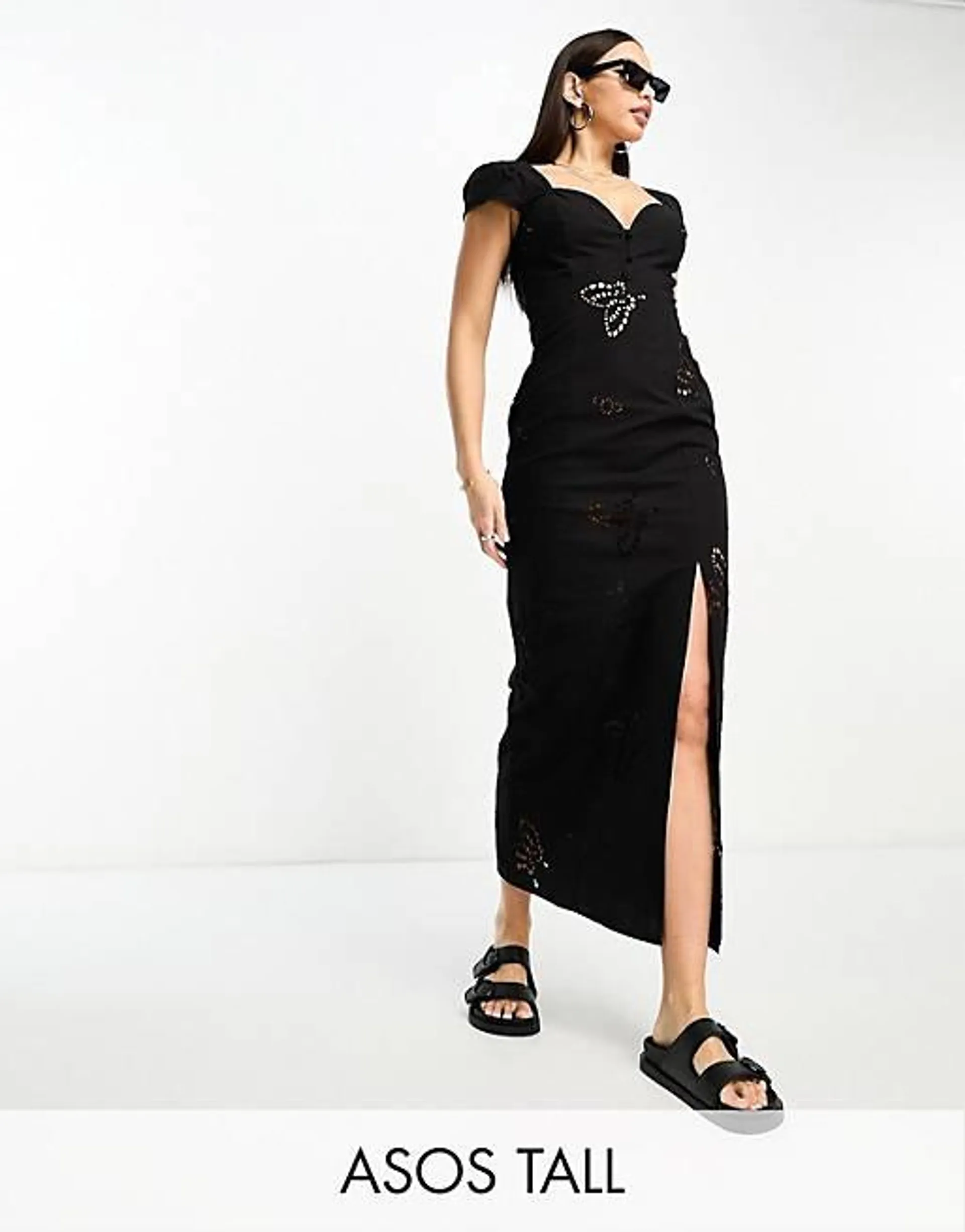 ASOS DESIGN Tall - Vestito midi con scollo a cuore e bottoni in pizzo sangallo nero