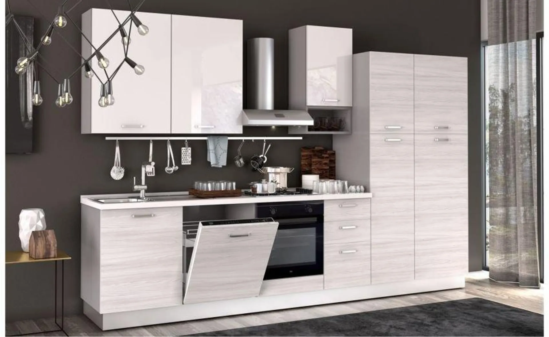 Flora cucina 330 cm colore frassino e bianco lucido