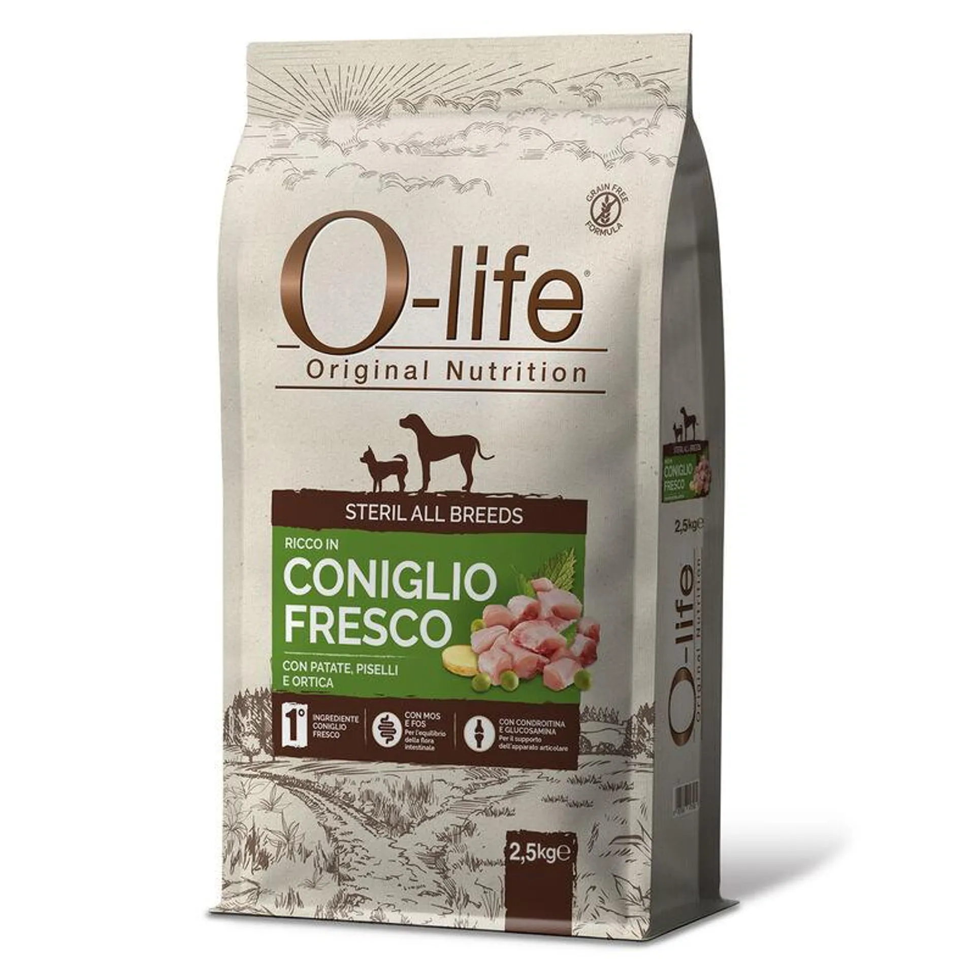 O-life Dog Steril All breeds ricco in Coniglio fresco con patate piselli e ortica 2,5 kg