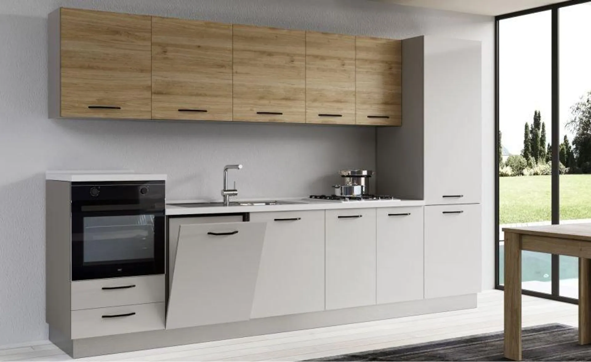 Gilda cucina 330 cm colore light grey e rovere cadiz