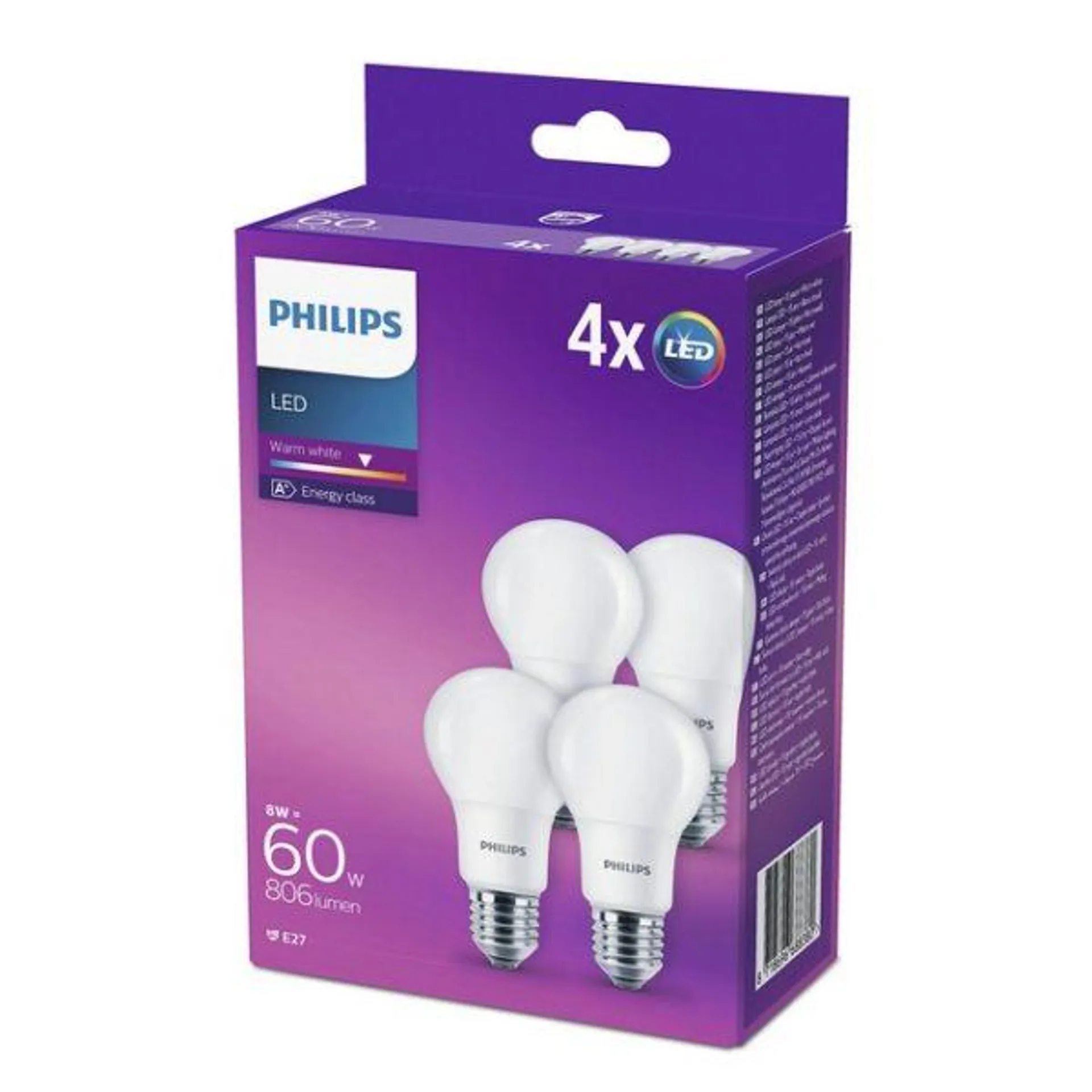 Philips Lampadine LED Luce Bianca Calda, E27, 8 W Equivalenti a 60 W, 2700K, Confezione da 4