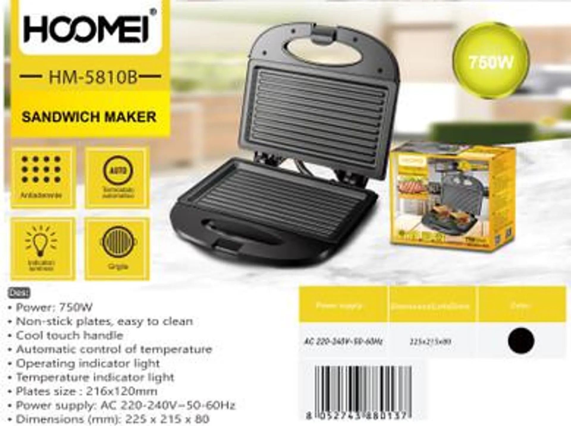 Hoomei - Piastra Tostiera Elettrica Per Toast 750W Hm-5810