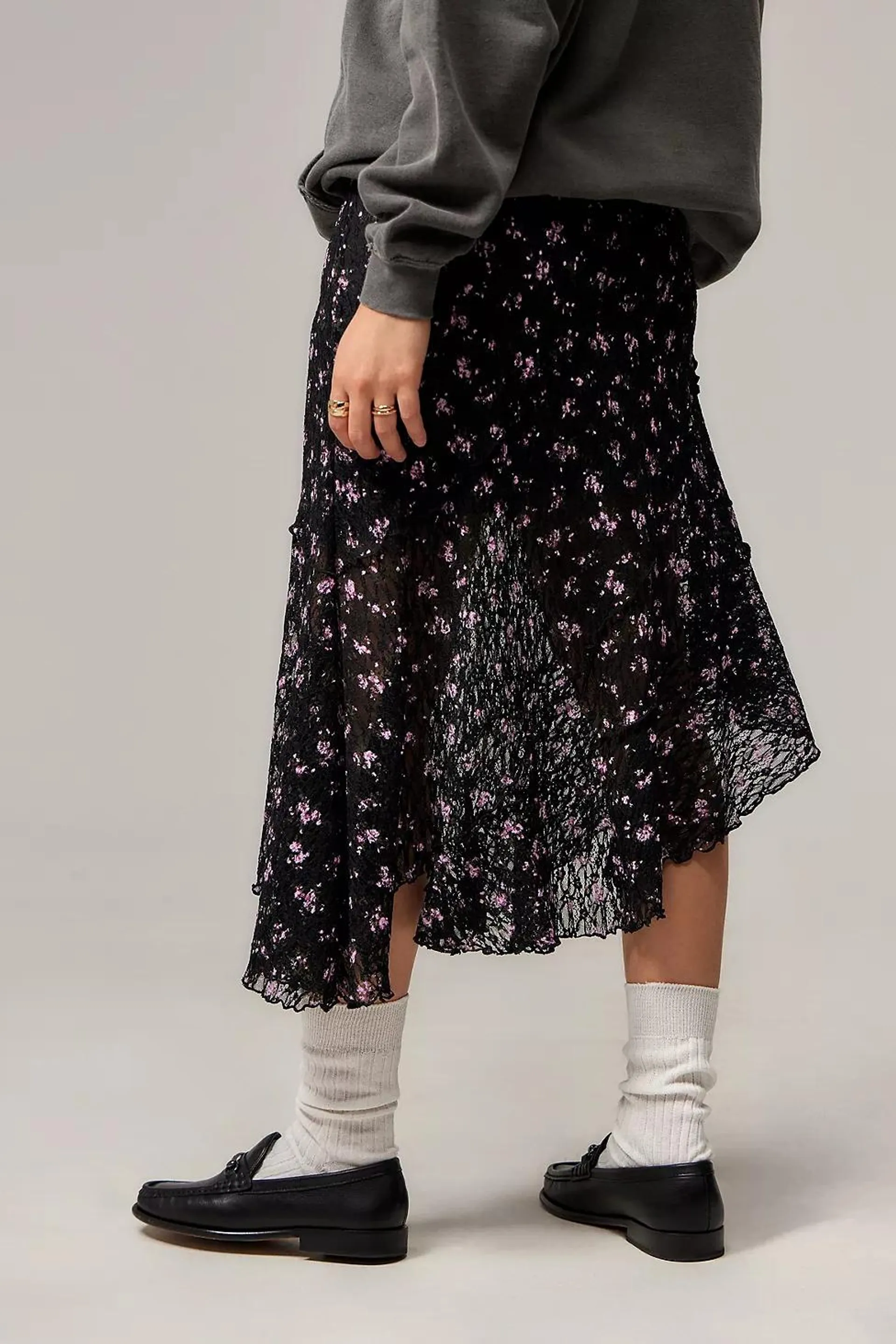 UO Asymmetric Lace Midi Skirt