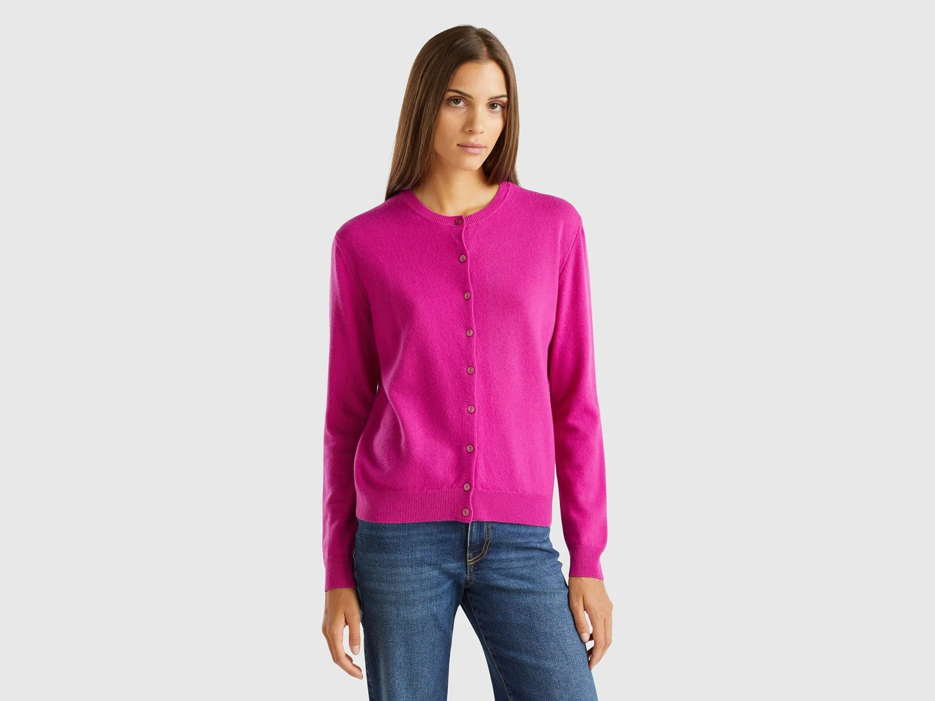 Cardigan girocollo fucsia ciclamino in pura lana Merino