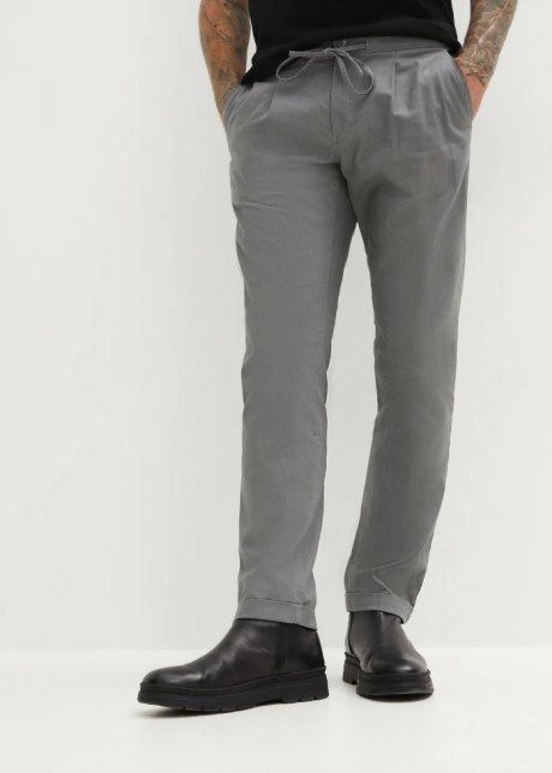 Pantaloni chino con pinces in misto lino regular fit, tapered