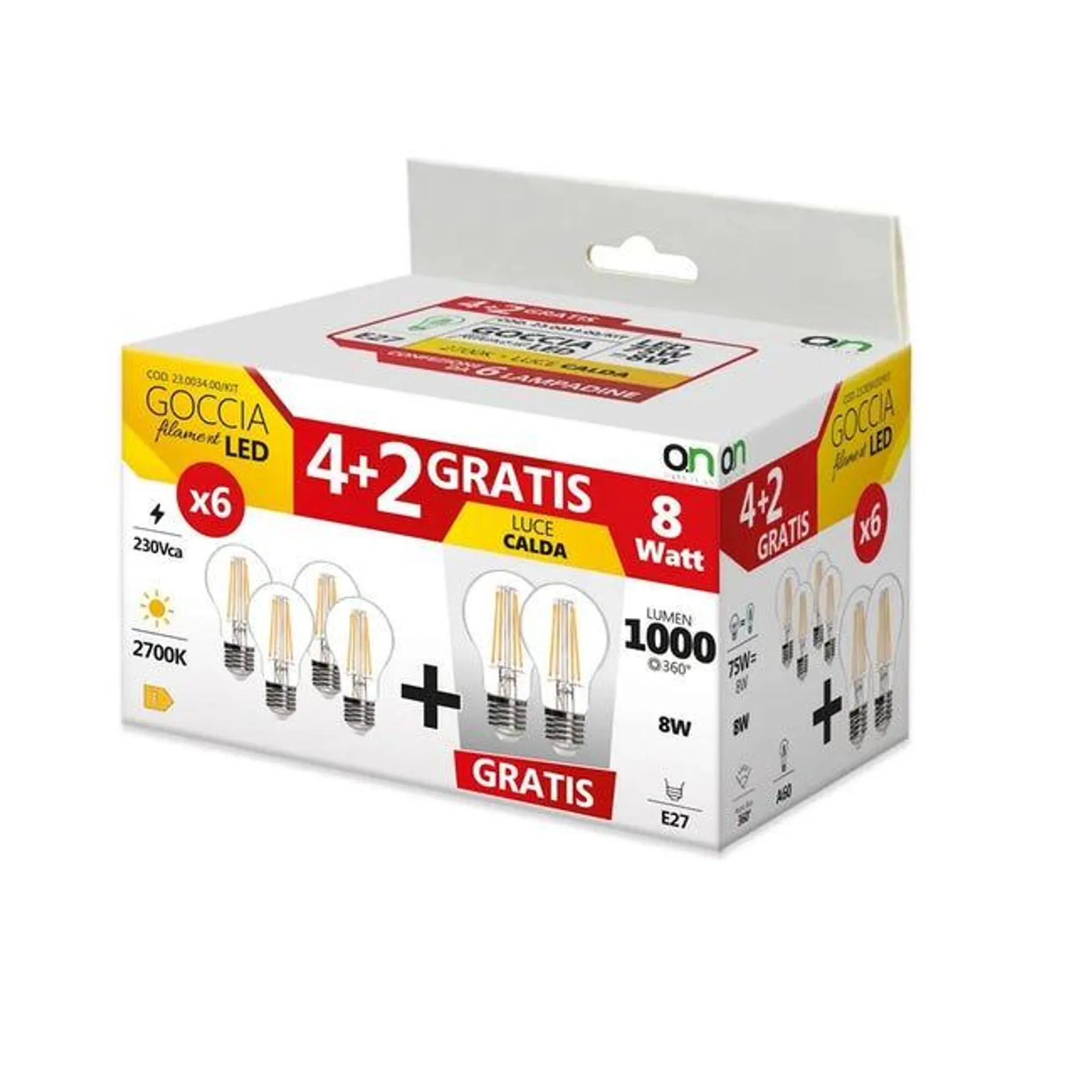 Set da 6 lampadine Goccia Filament Led X6, LED filamento, E27 goccia, trasparente, 8W= 360°