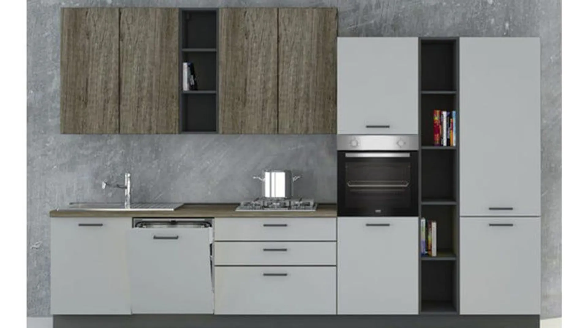 Ego cucina 360 cm colore antracite, grigio sabbia e quercia tartufo