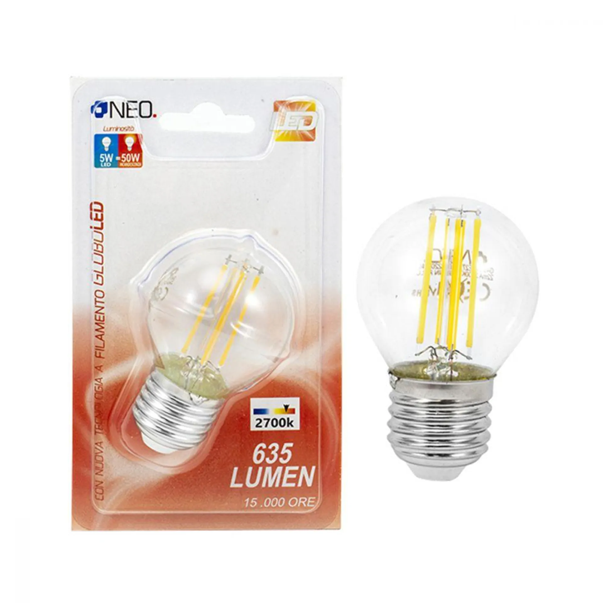 NEO Lampadina Led Filamento Globo 5W Luce Calda 2700K