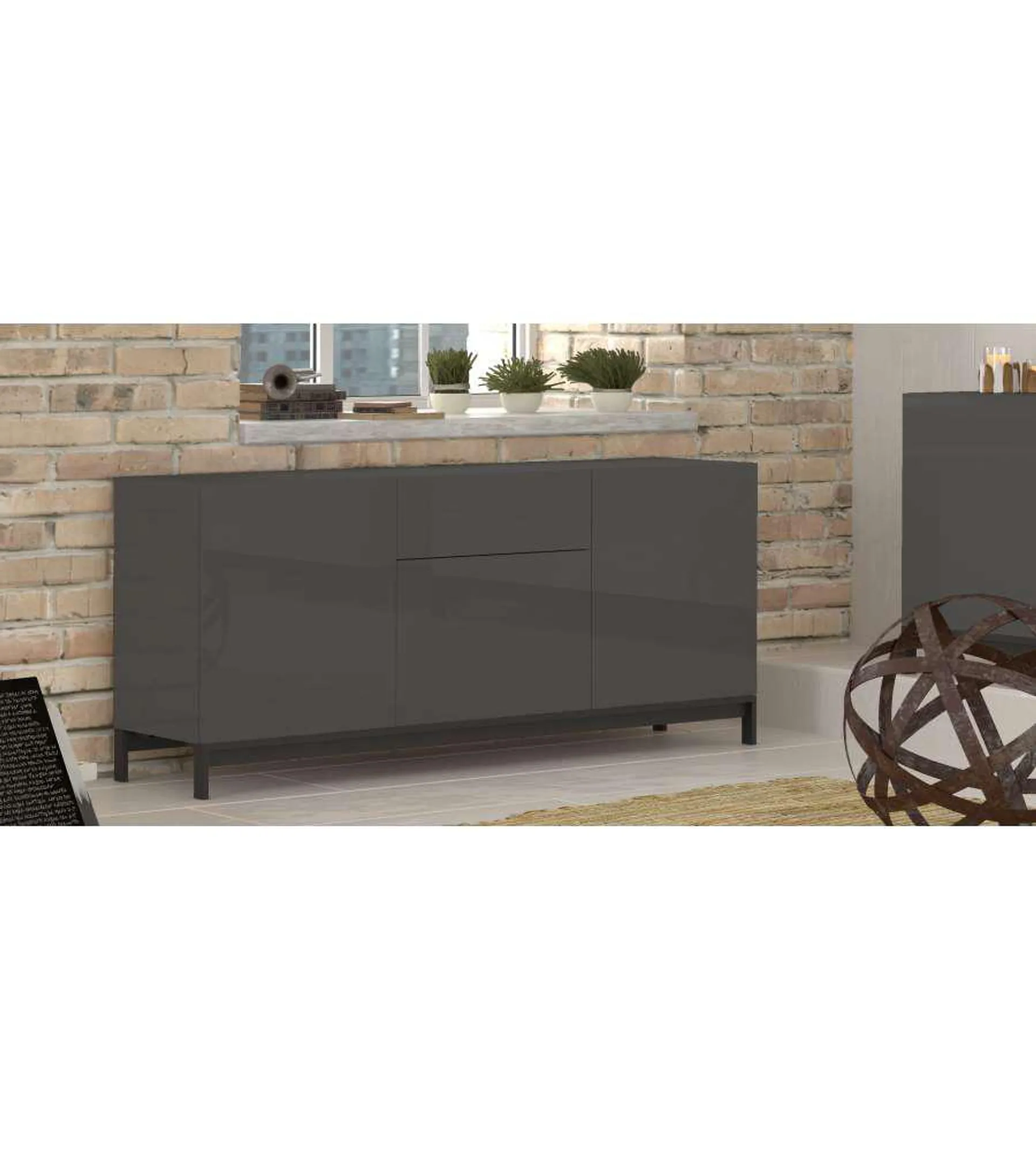 Credenza Moderna 3 Ante + 1 Cassetto Metis Con Piede In Metallo Antracite Laccato