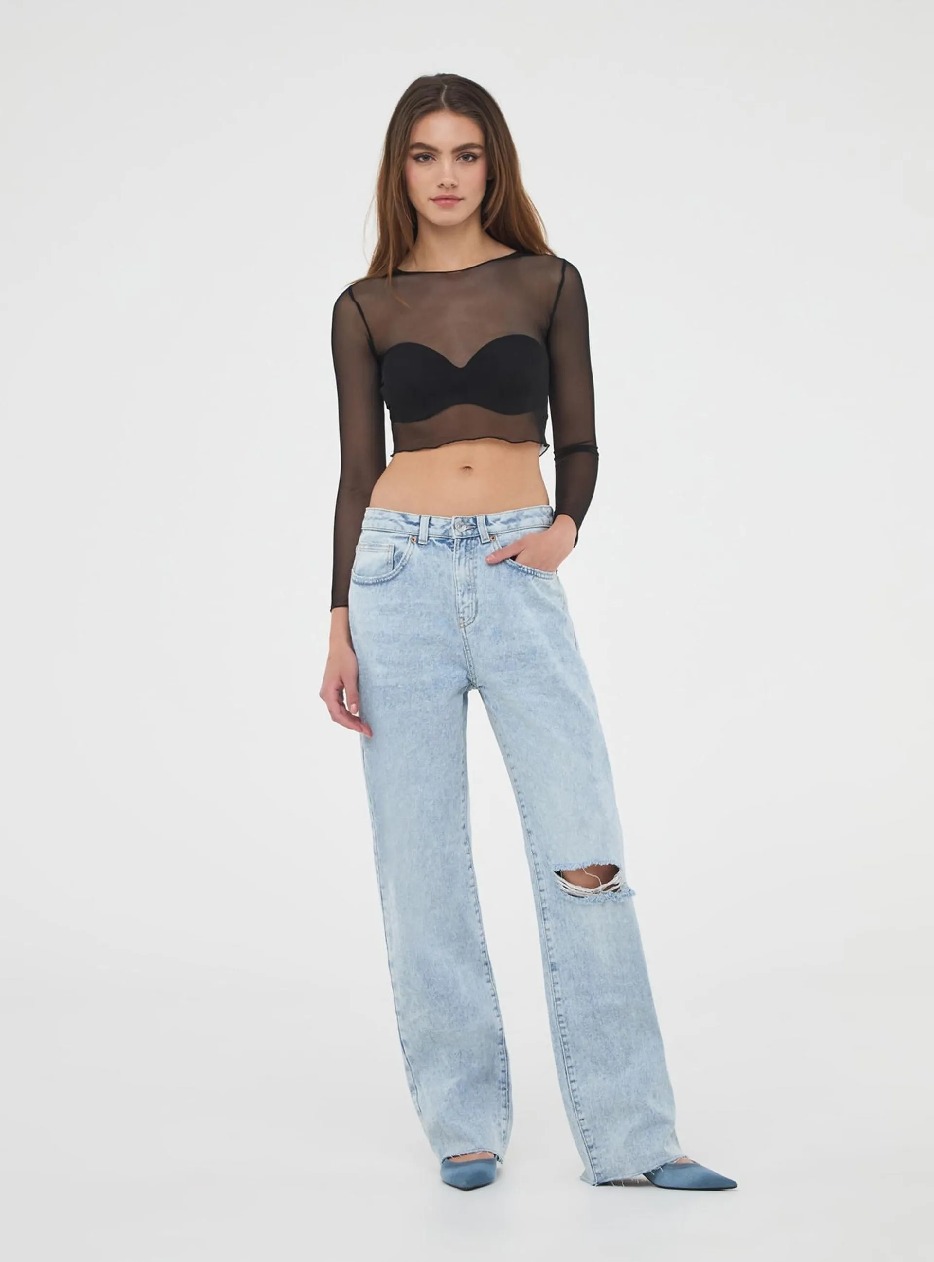 Jeans straight con strappi Blu denim chiaro