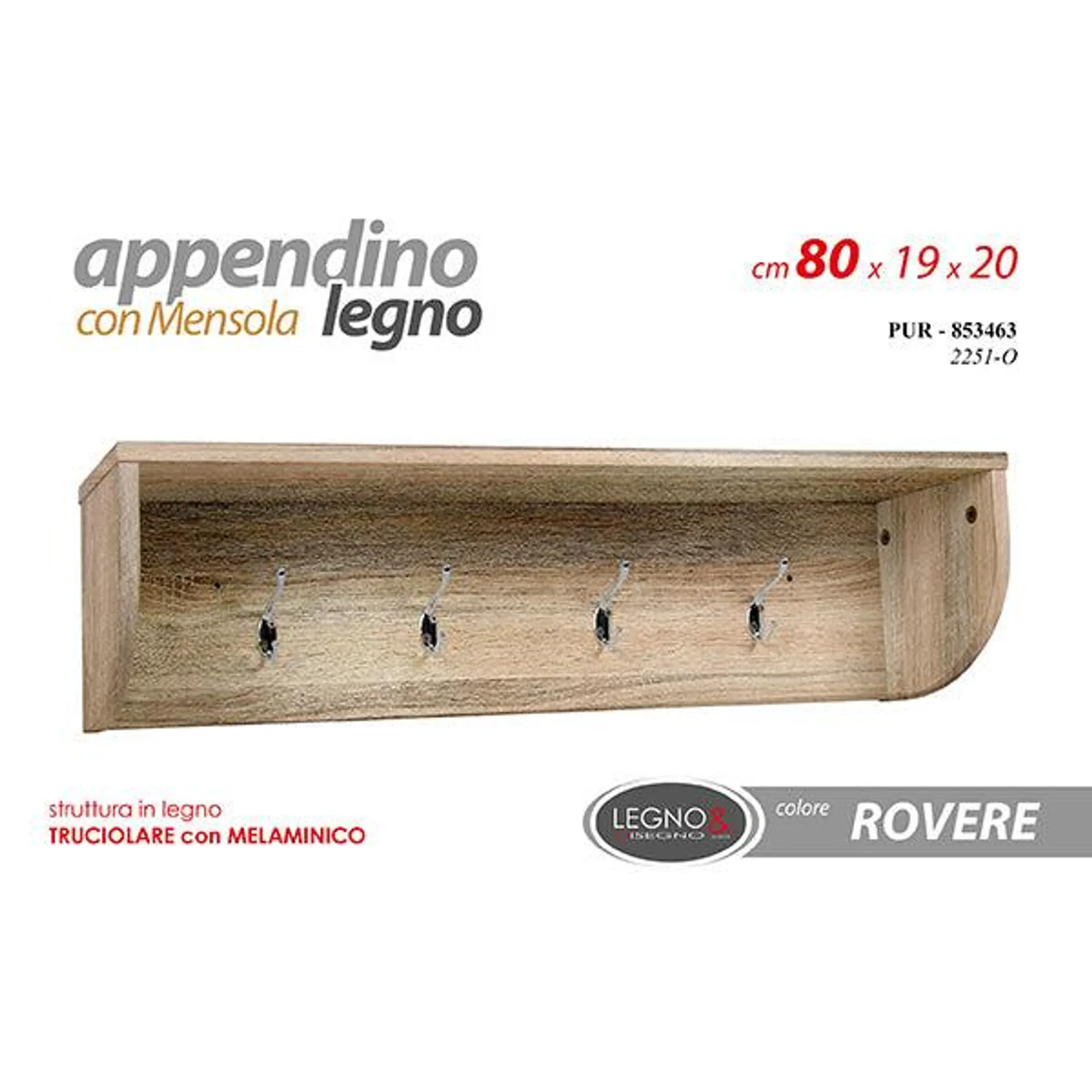 Appendiabiti 4 Ganci Rovere/Mel. 80x19x20cm