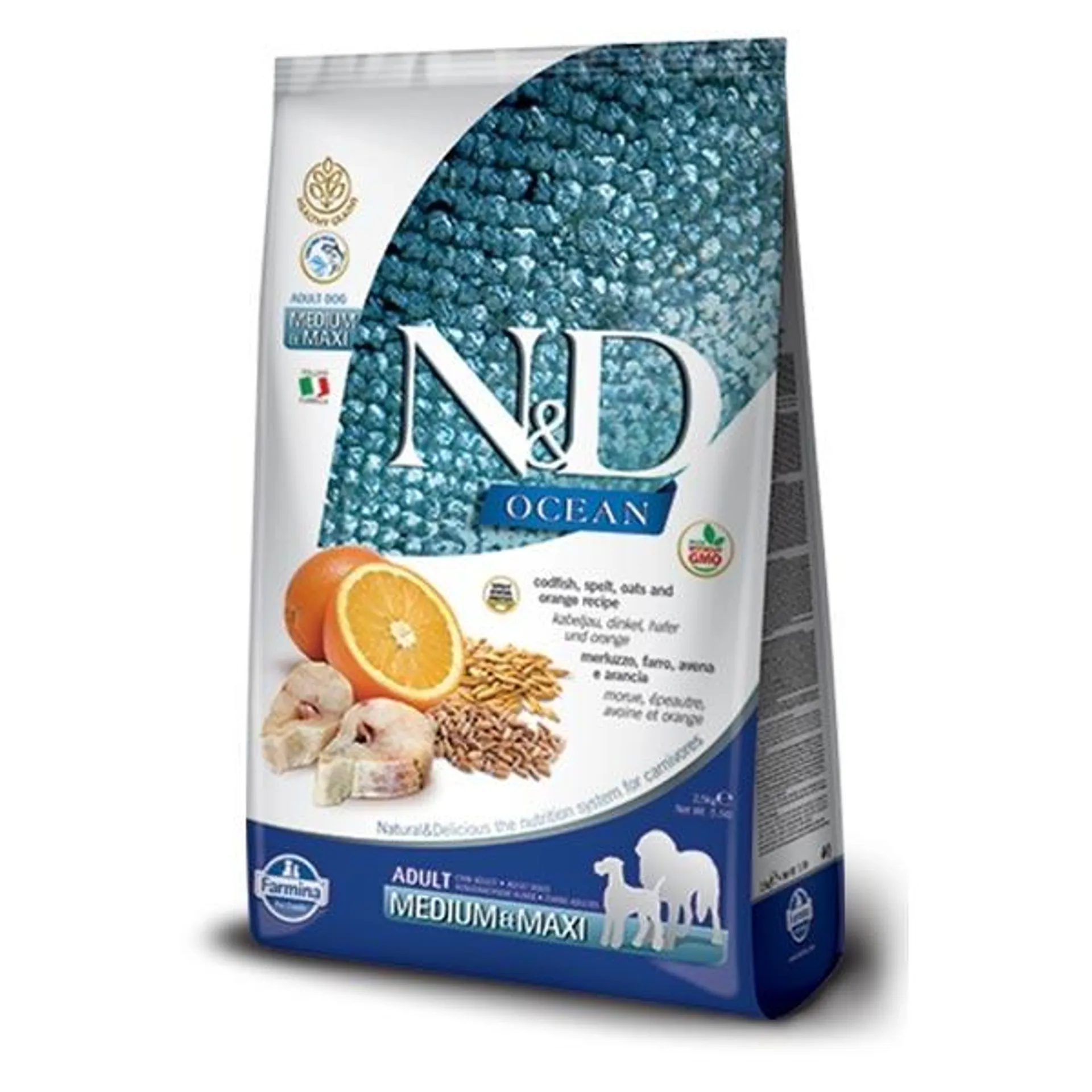 Farmina - Natural & Delicious Ocean Adult Medium & Maxi con Merluzzo, Farro, Avena e Arancia