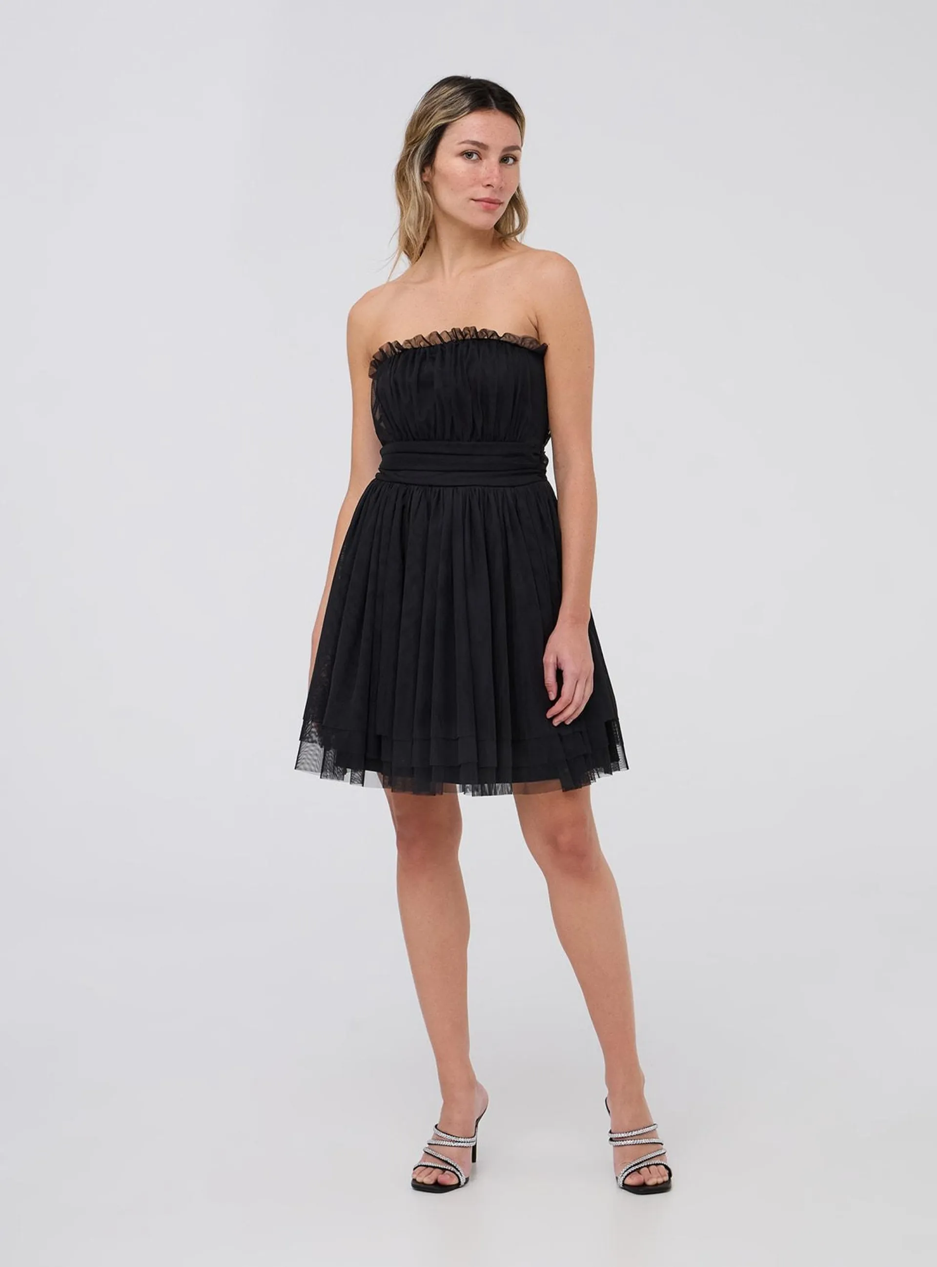 Vestito a fascia in tulle con balze Nero