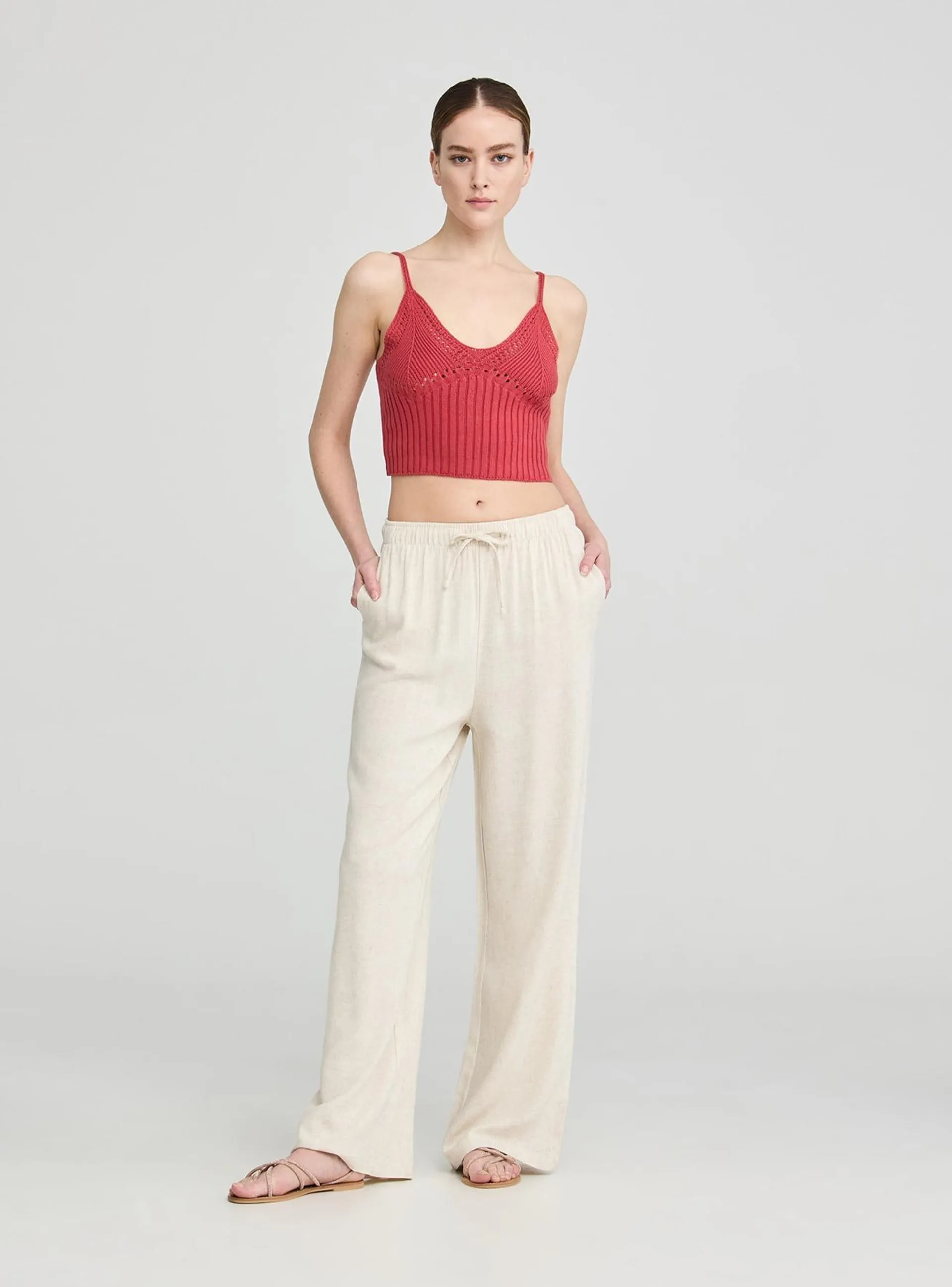 Pantalone wide leg in misto lino Beige