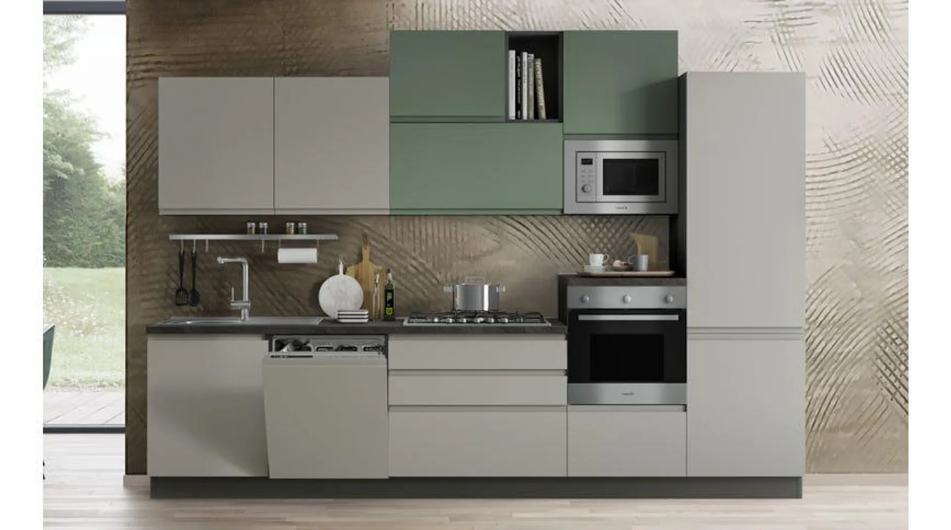 Clea cucina 330 cm colore grigio acciaio e verde salvia