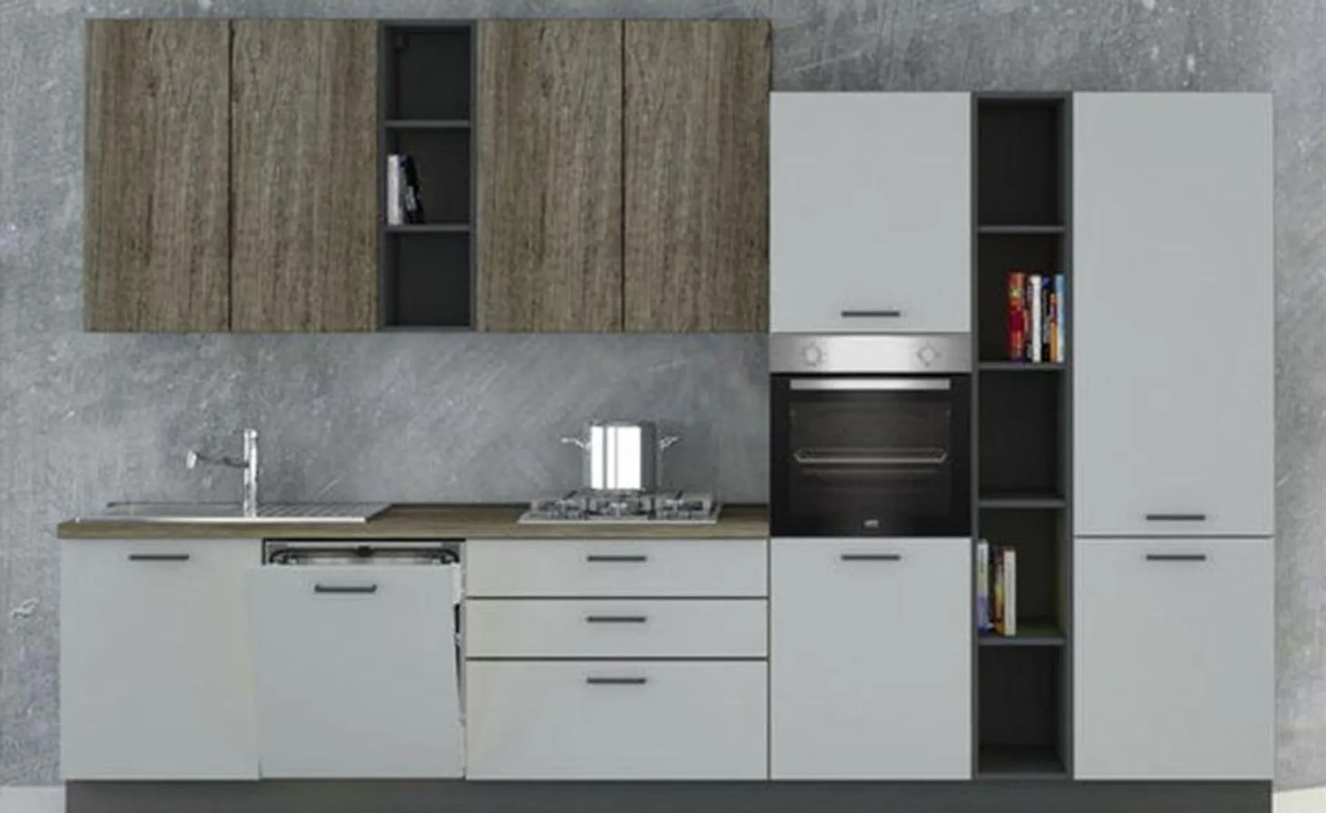 Ego cucina 360 cm colore antracite, grigio sabbia e quercia tartufo