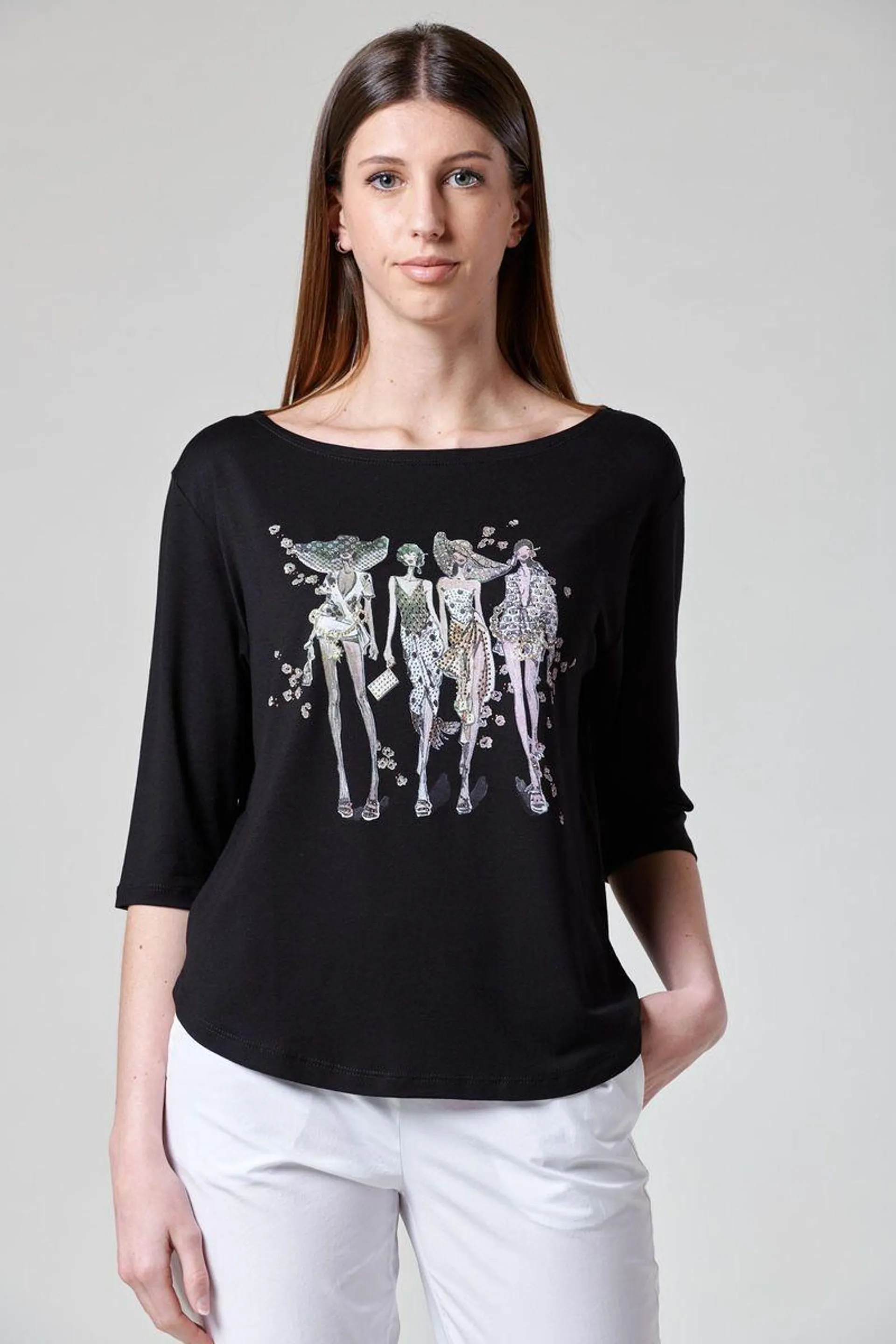 T-shirt nera stampa modelle strass