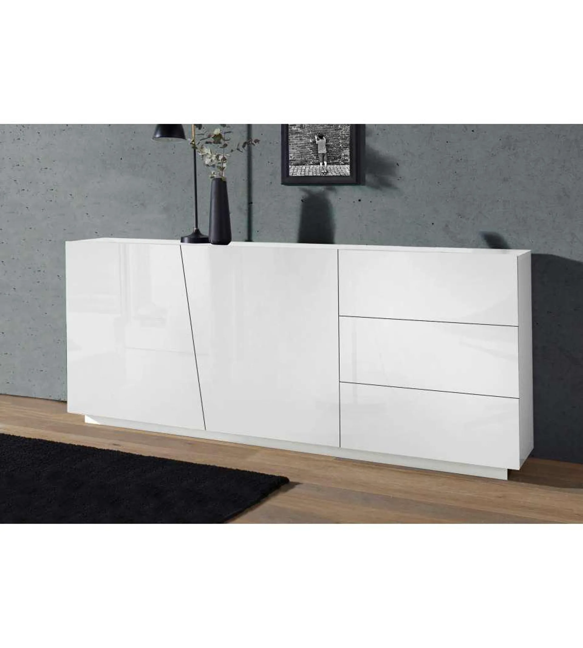 Credenza Vega Moderna 2 Ante Battente 3 Cassetti 180 Bianco Lucido