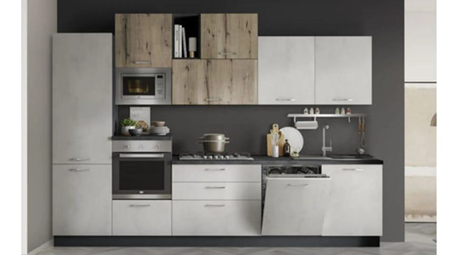 Sally cucina 330 cm colore cemento bianco e legno nodato