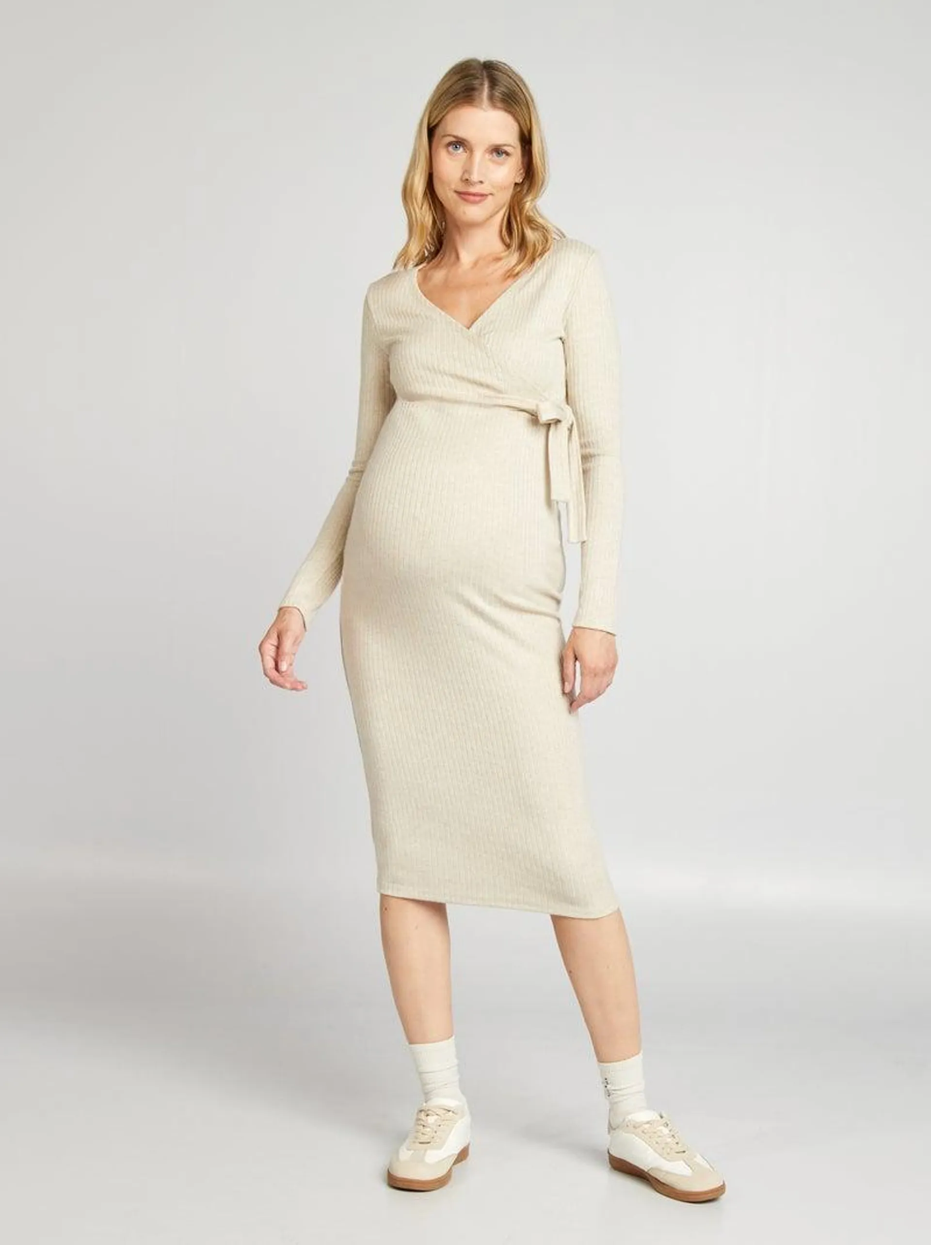 Maxi pull per allattamento in maglia a costine - BEIGE