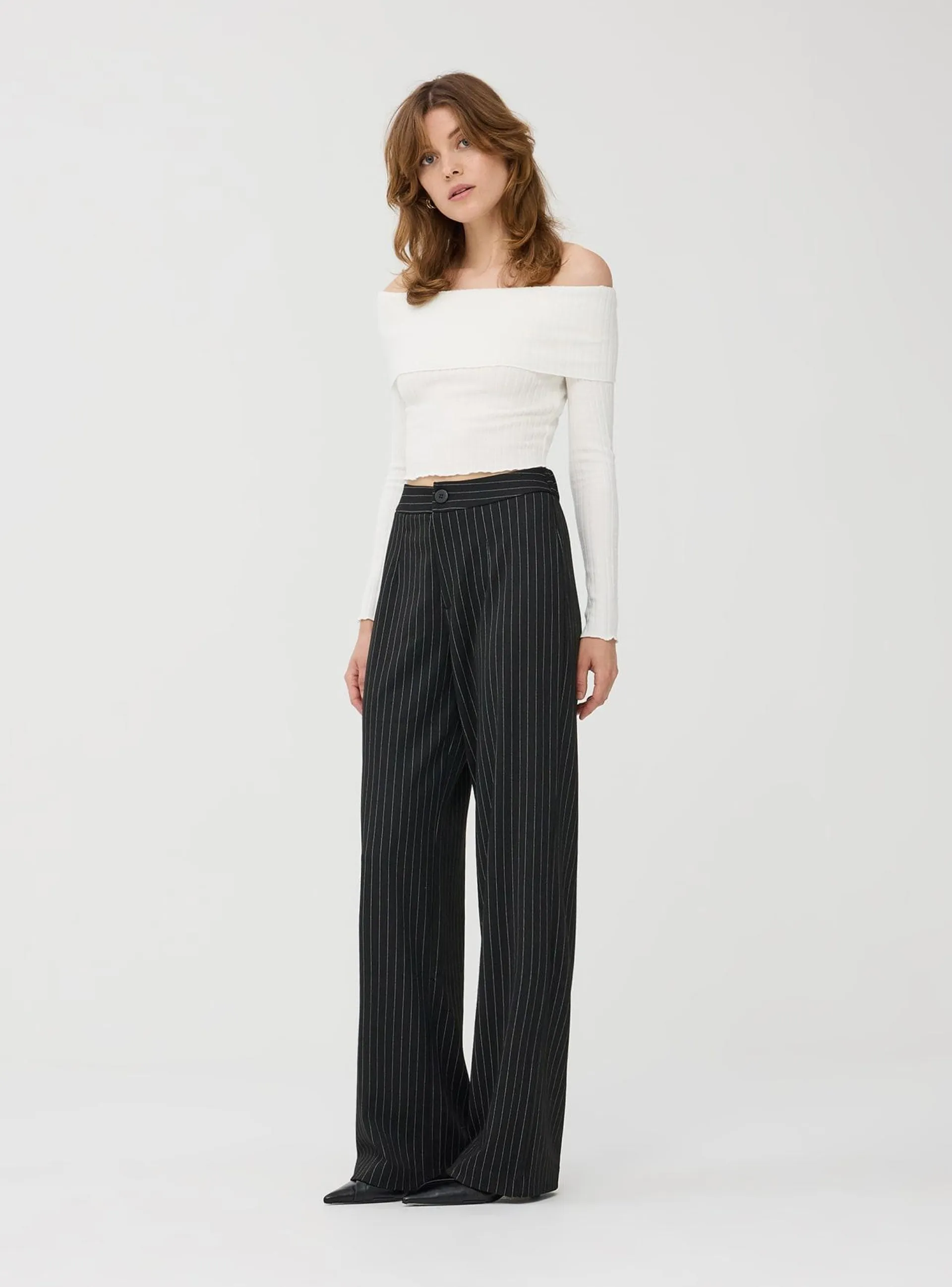 Pantaloni wide leg gessati Var nero