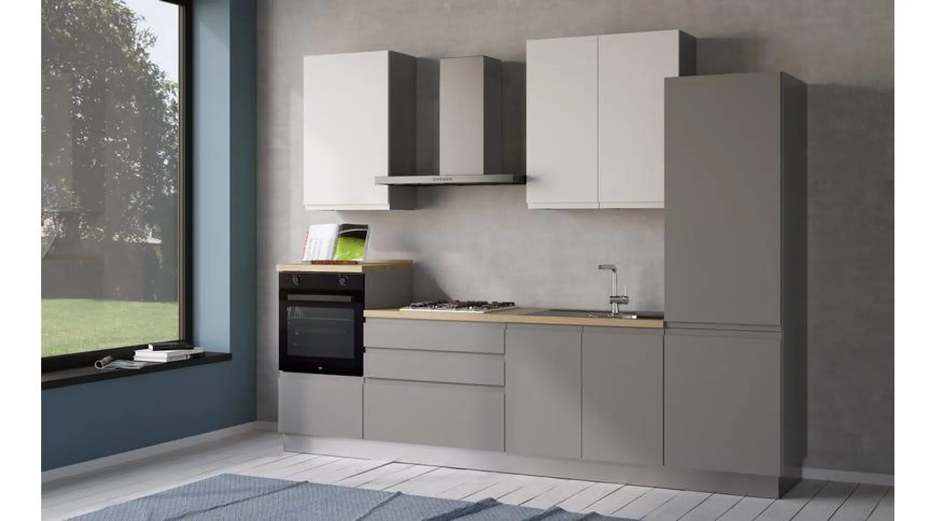 Iris cucina 300 cm colore grigio chiaro e bianco opaco con frigo