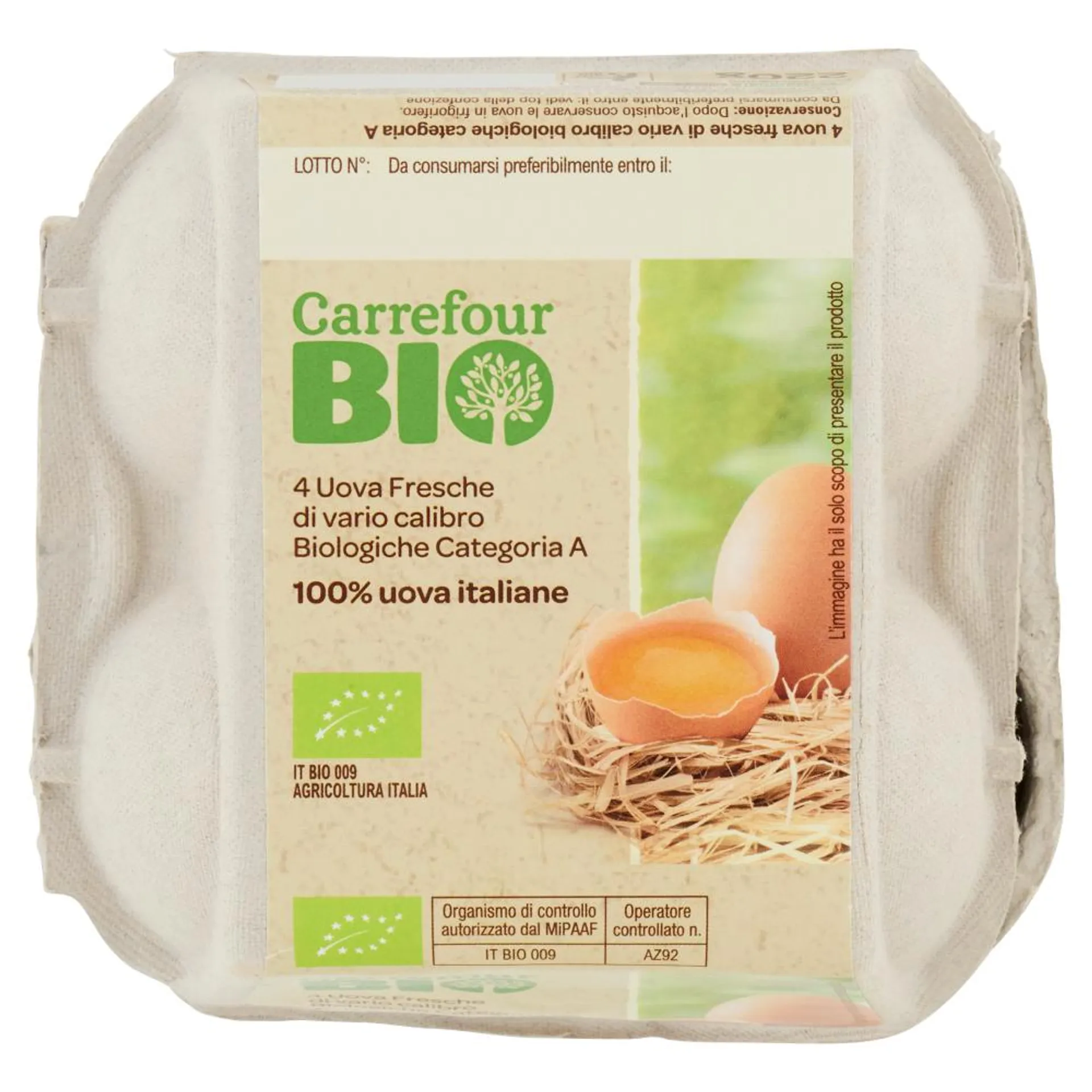 Carrefour Bio 4 Uova Fresche di vario calibro Biologiche Categoria A 220 g