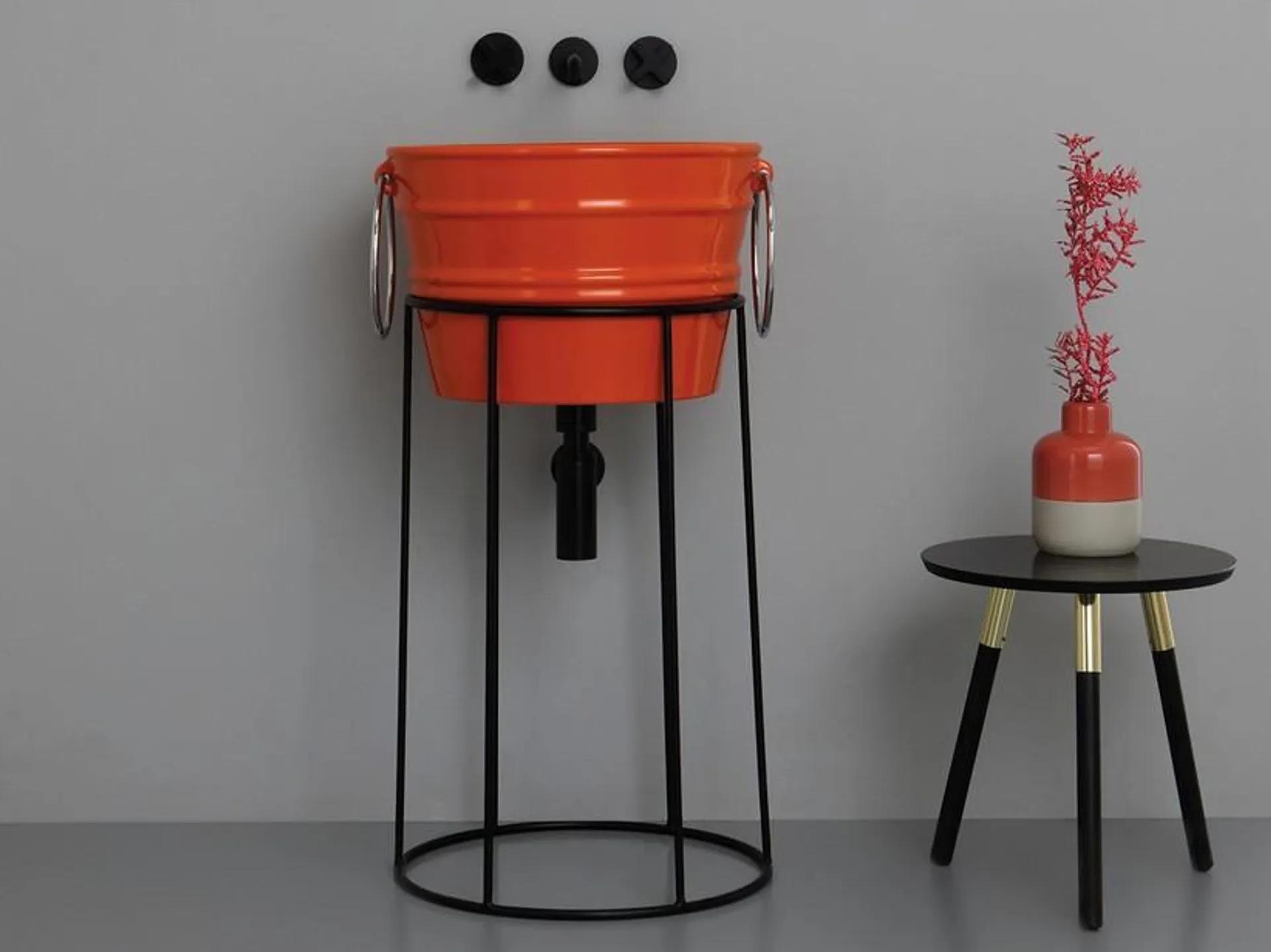 Mobile Bagno Bacile Midi Lavabo Arancio Lucido con Anelli e Supporto Metallo Nero Opaco