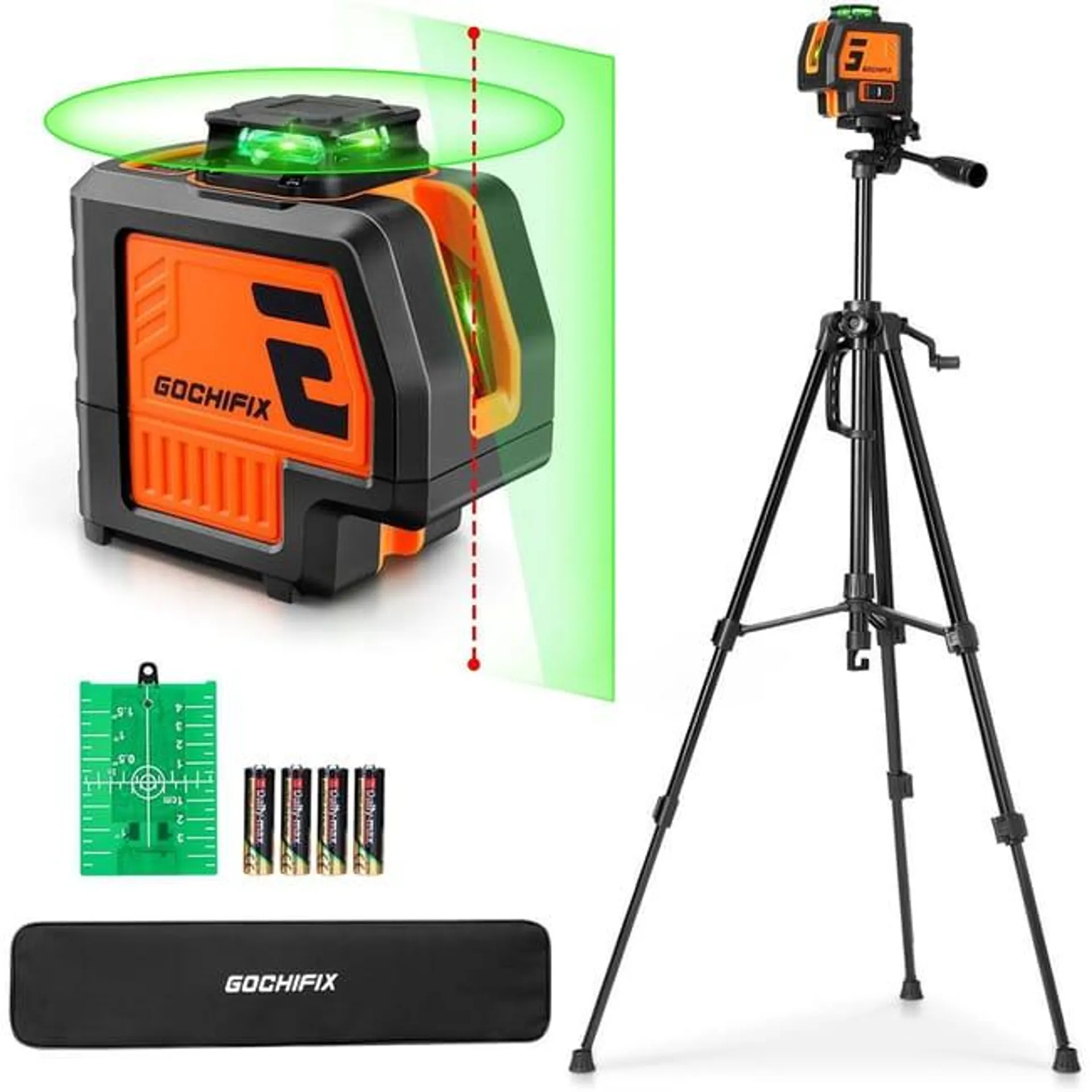 Livella laser verde a 5 linee con 2 punti, autolivellante, IP54, con treppiede allungabile